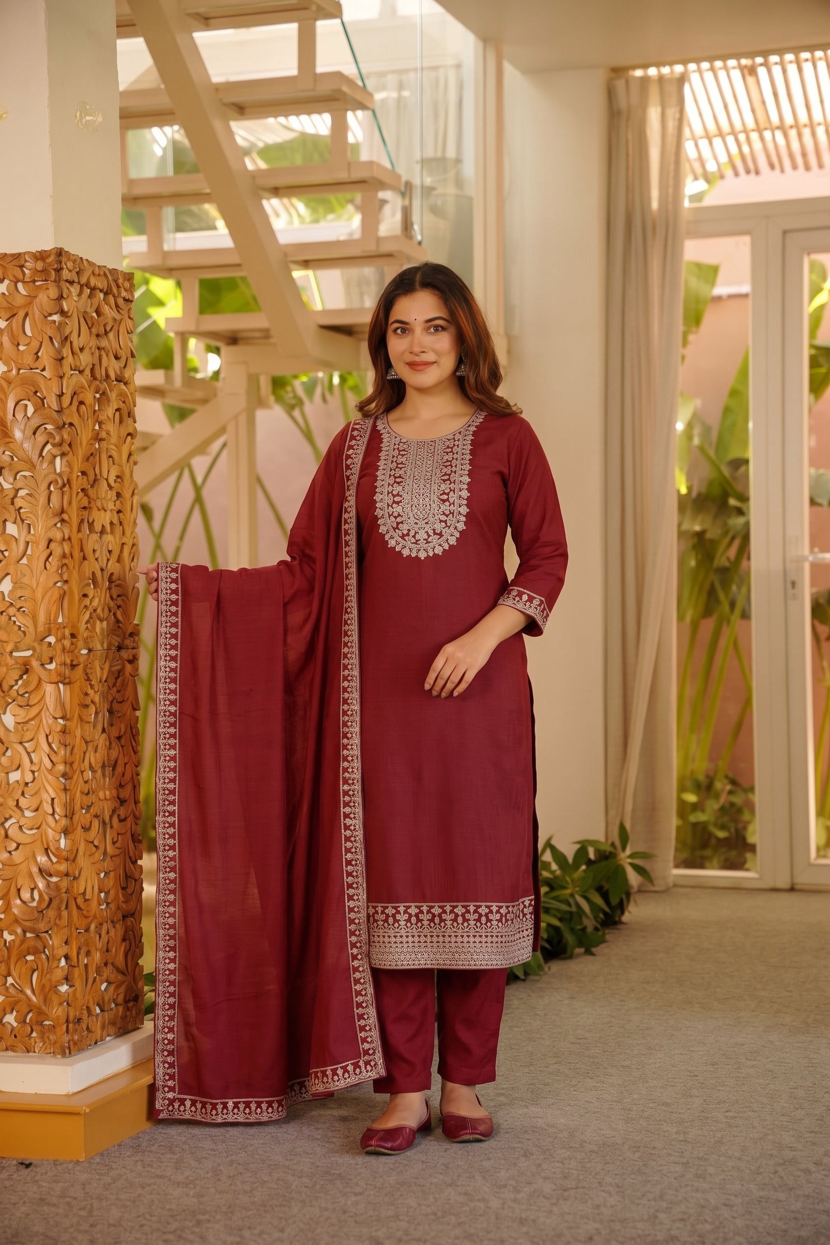 Maroon Embroidered Straight Kurta Suit Set with Pants & Dupatta