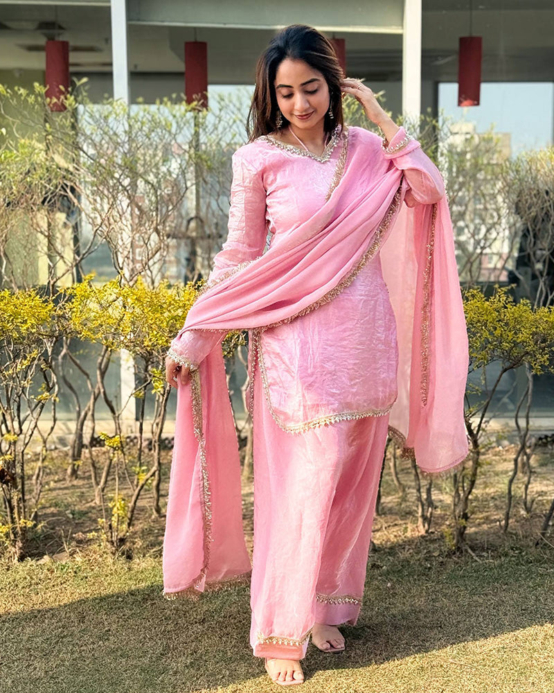 Baby Pink Color Fendi Satin Silk Kurti Suit