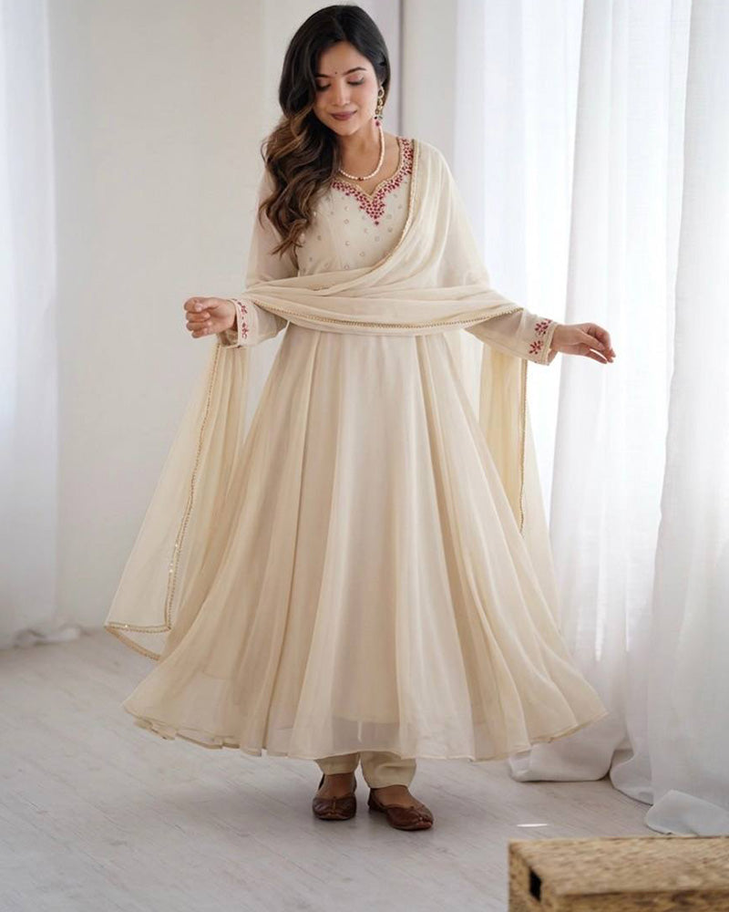 Off White Color Faux Georgette Elegant Gown