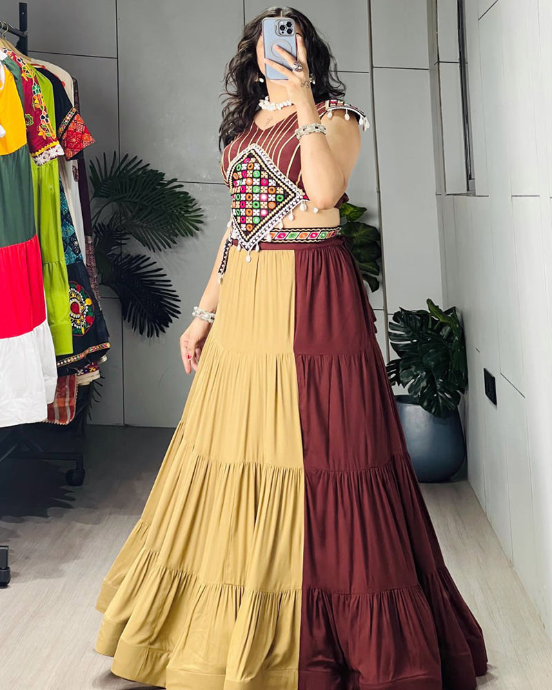 Brown Color Pure Rayon Cotton Navratri Lehenga Choli