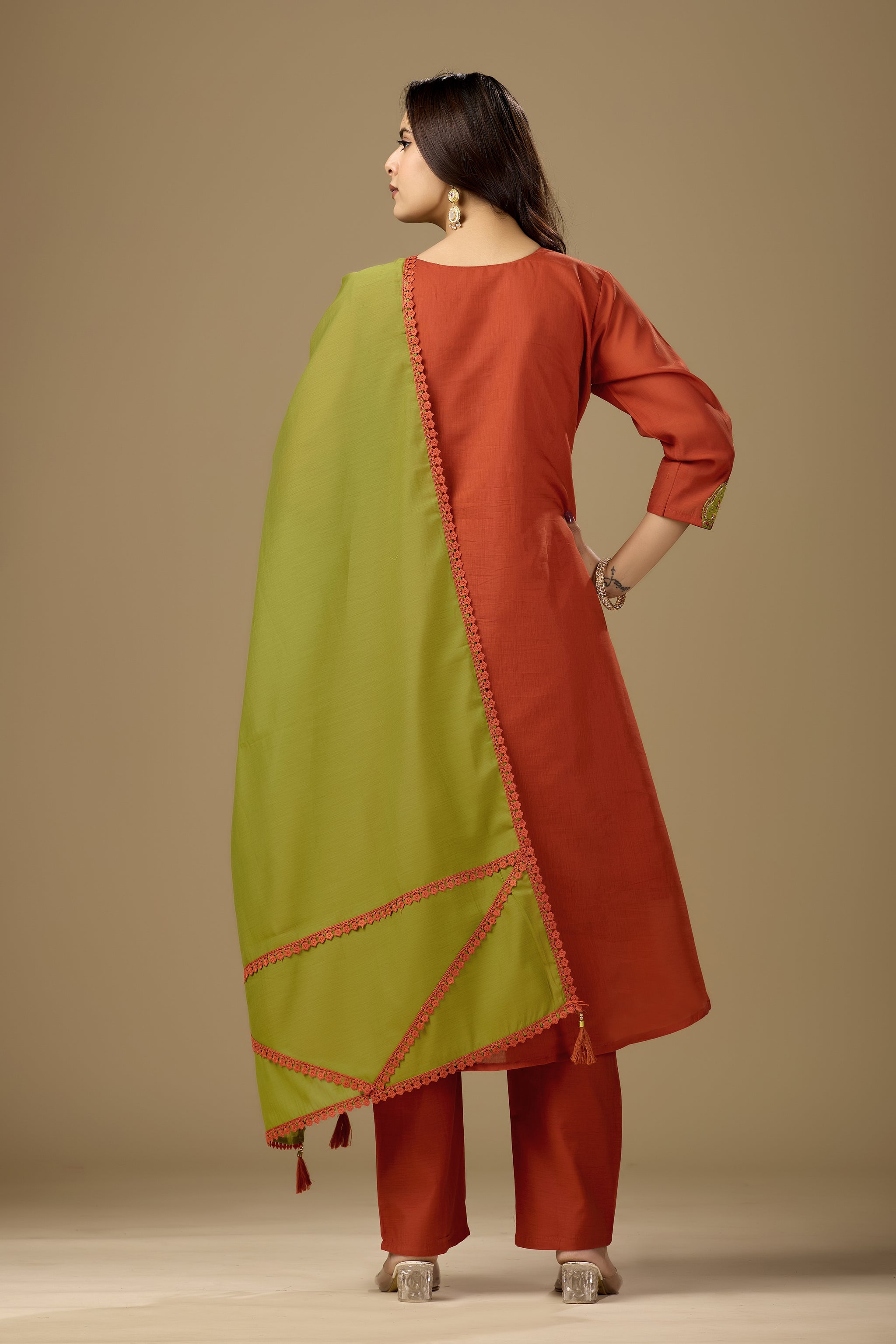 Women Rust Orange Embroidered Kurta Set