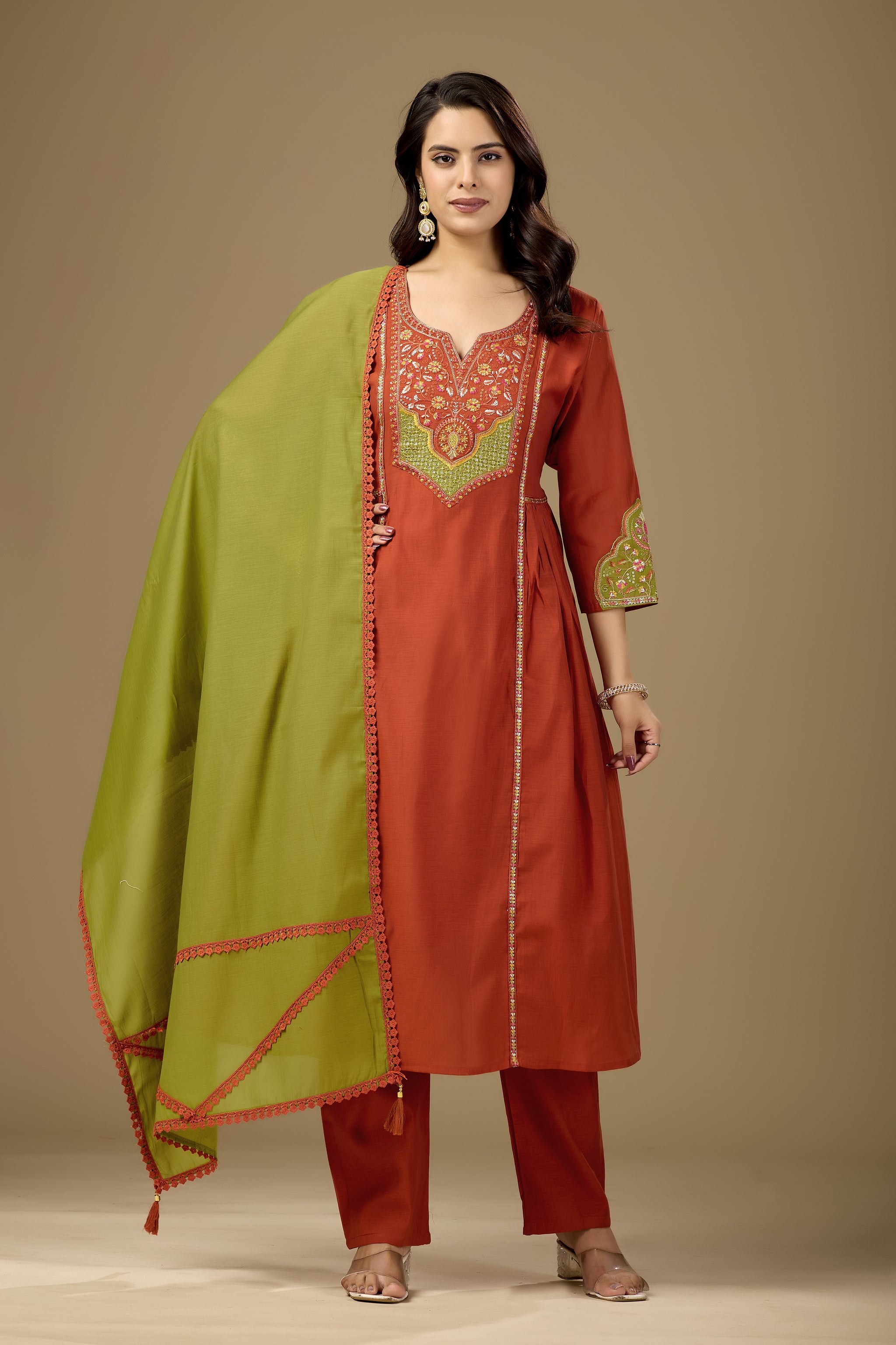 Women Rust Orange Embroidered Kurta Set