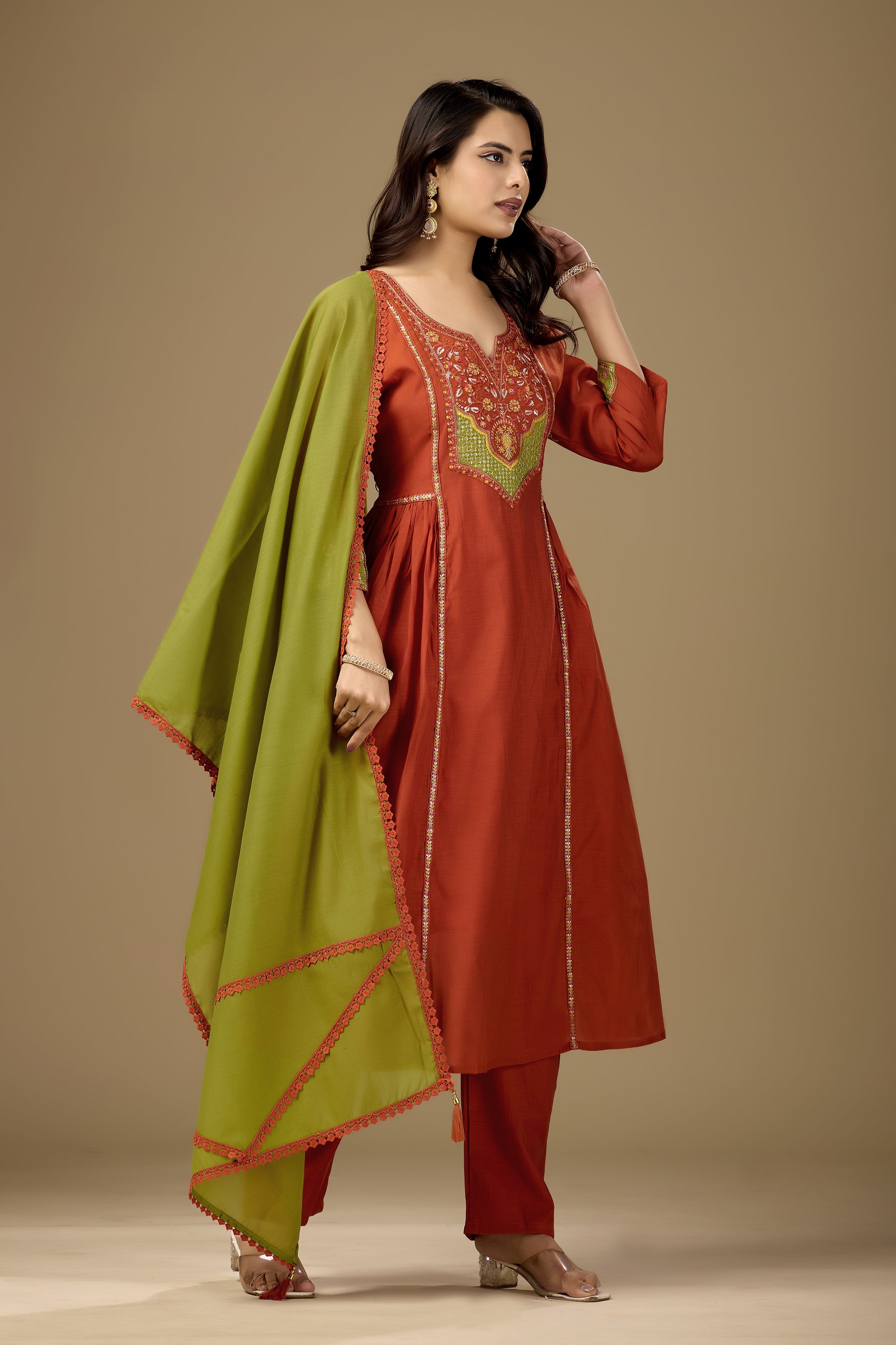 Women Rust Orange Embroidered Kurta Set