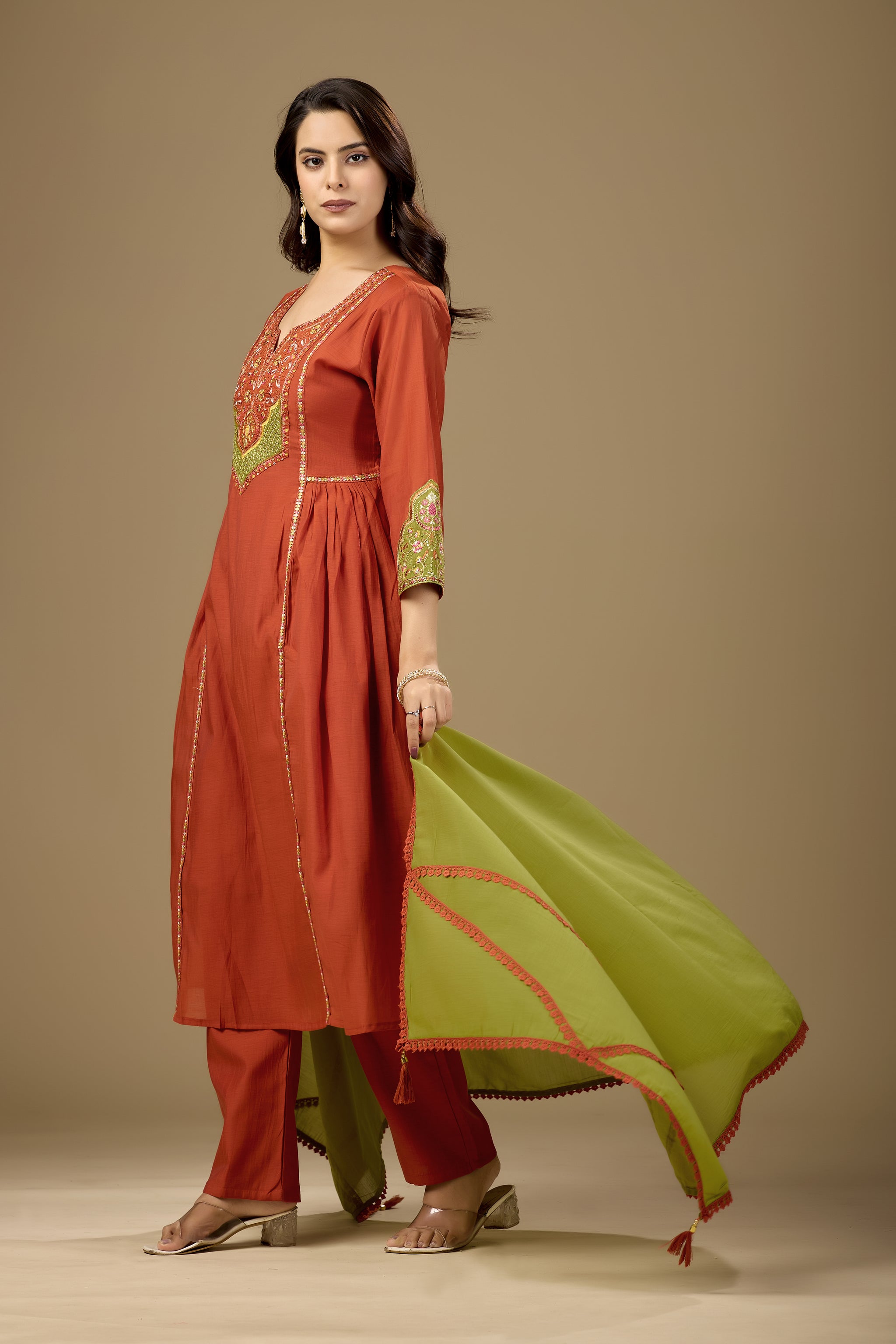 Women Rust Orange Embroidered Kurta Set