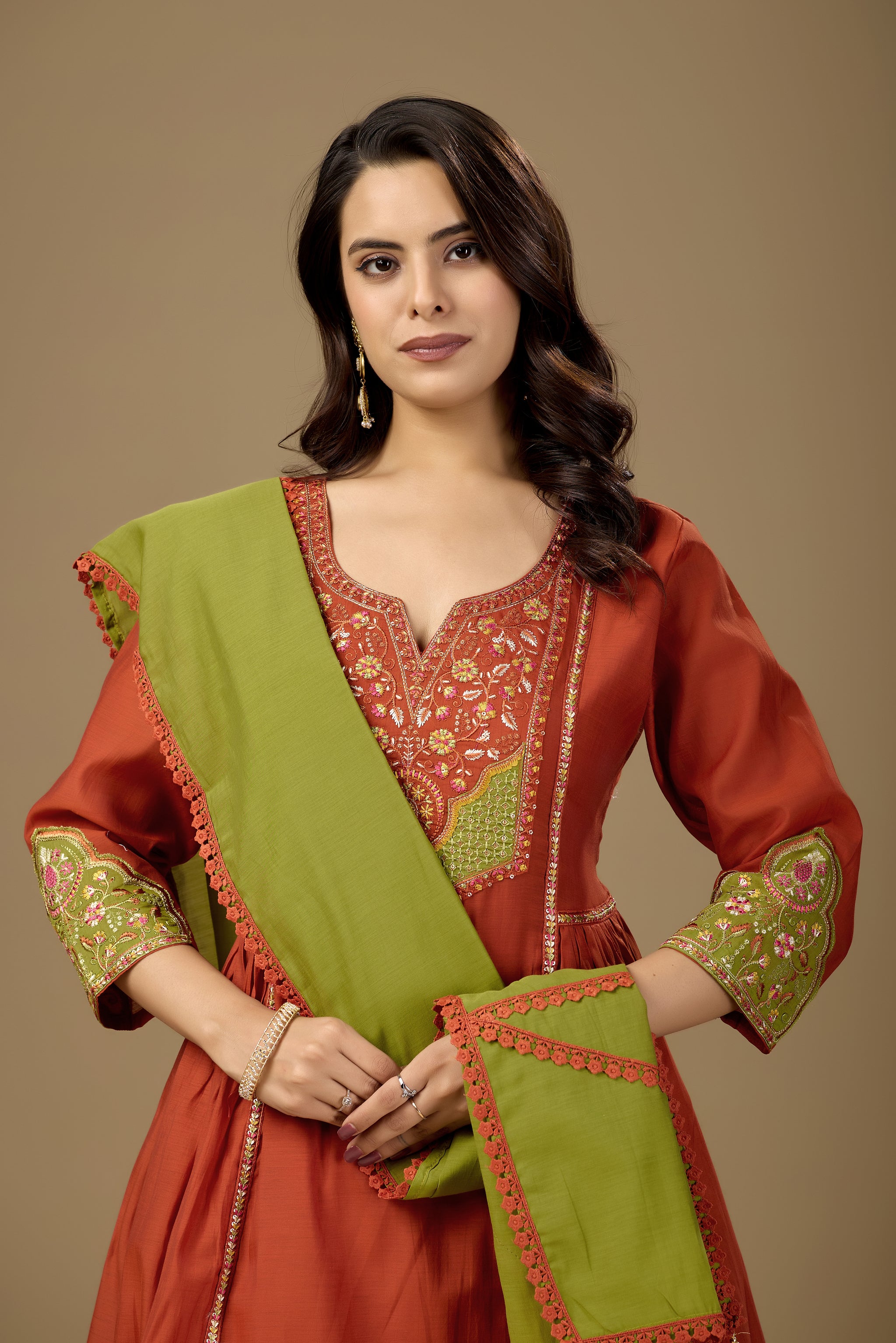 Women Rust Orange Embroidered Kurta Set