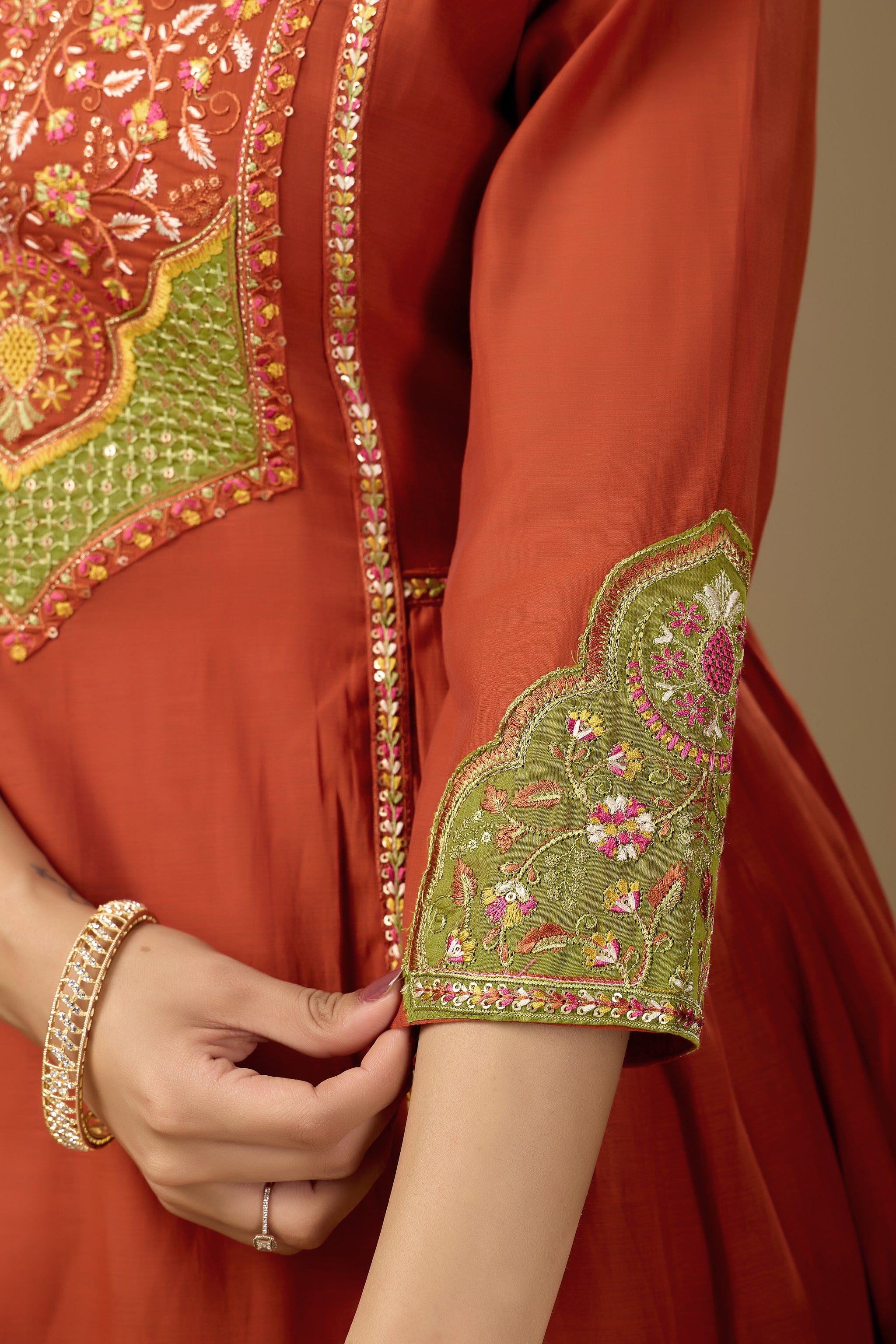 Women Rust Orange Embroidered Kurta Set