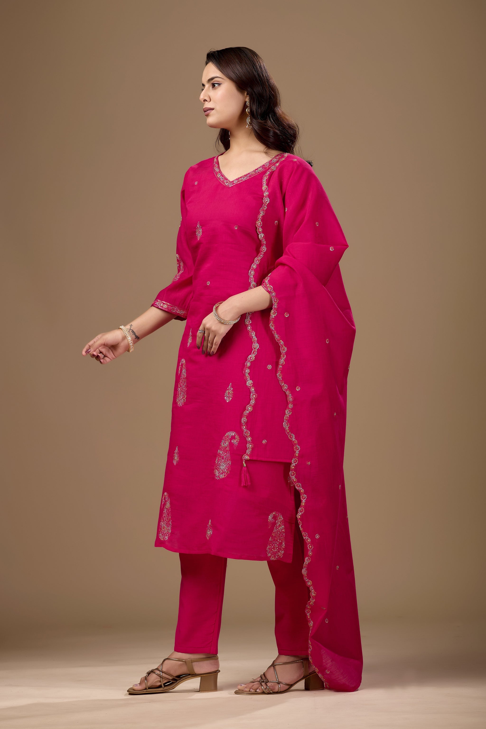 Rani Pink Embroidered Cotton A-Line Kurta Suit Set for Women with Dupatta