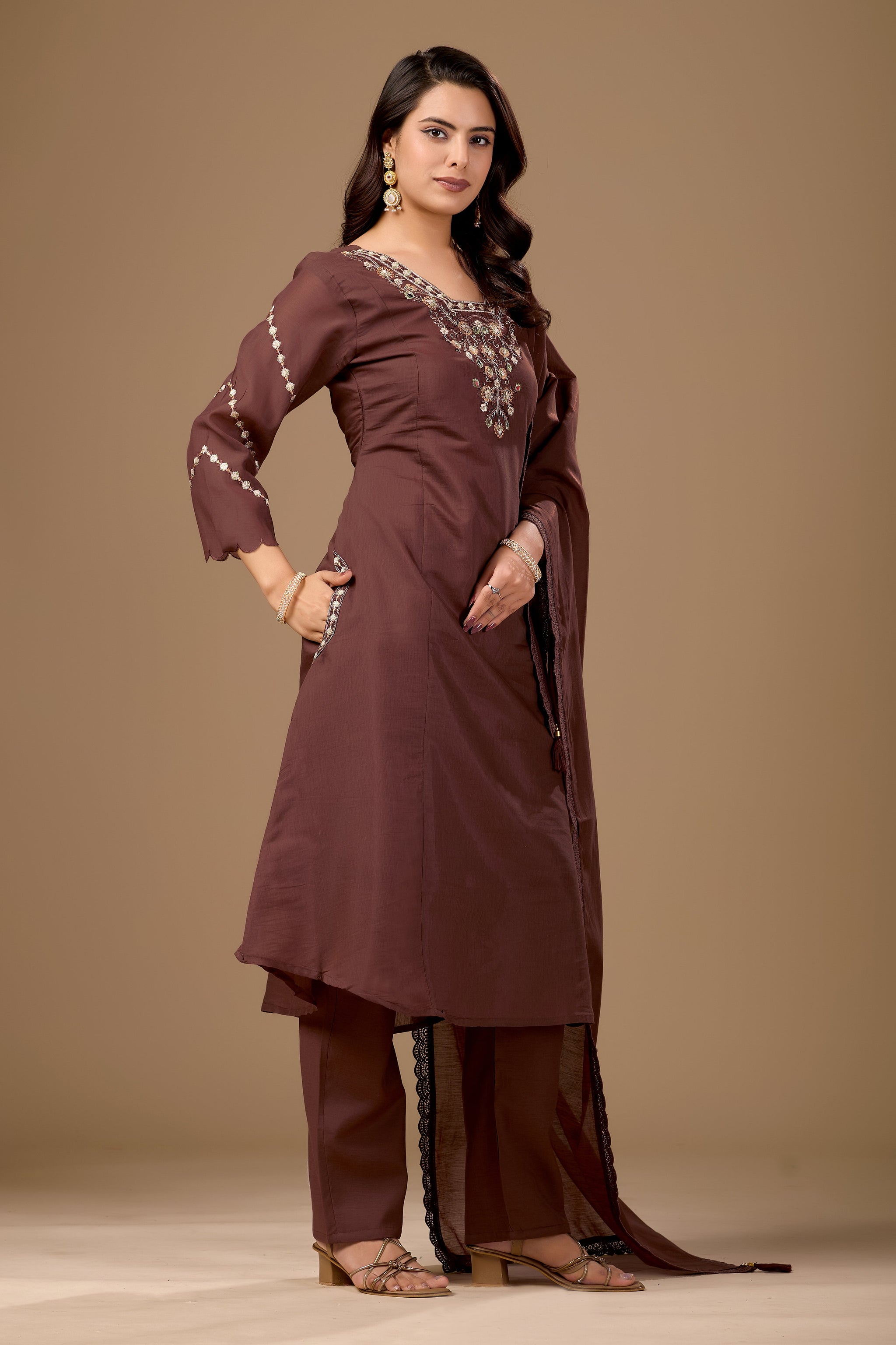 Brown Embroidered Cotton A-Line Kurta Set for Women with Dupatta