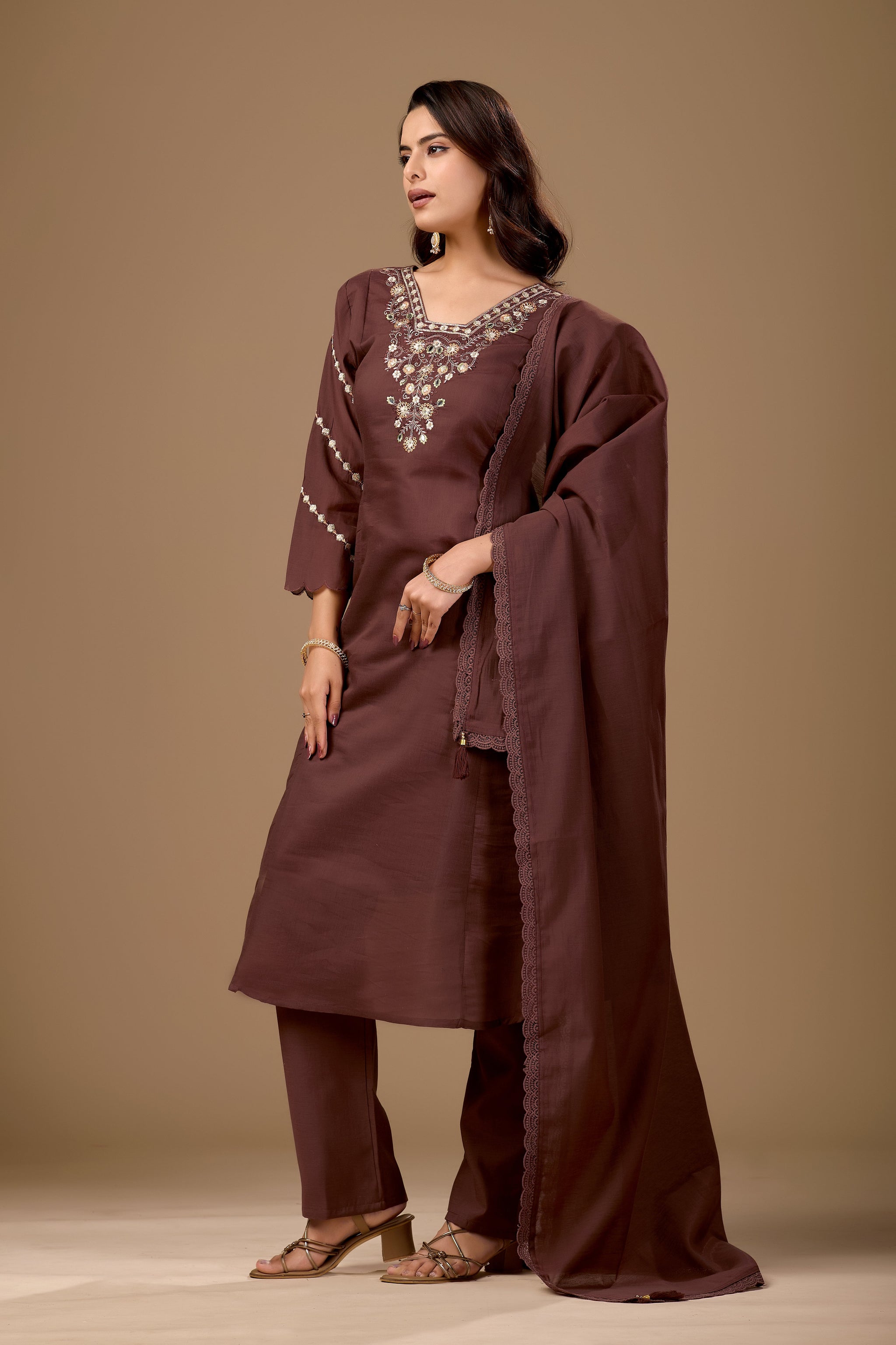 Brown Embroidered Cotton A-Line Kurta Set for Women with Dupatta