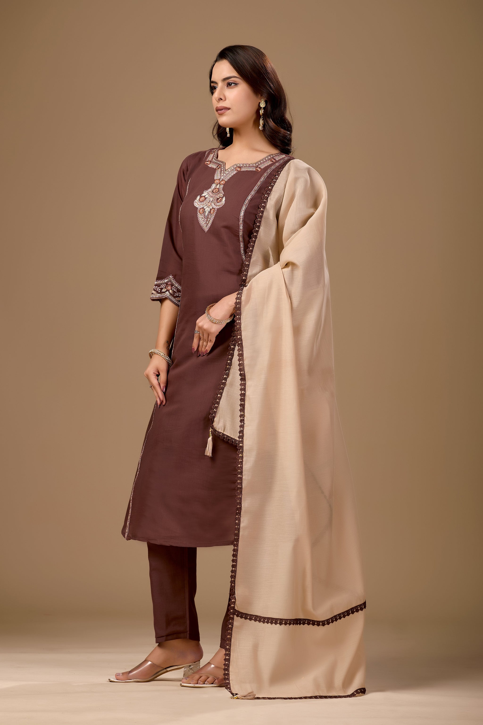 Brown Embroidered Cotton A-Line Kurta Set for Women with Beige Dupatta
