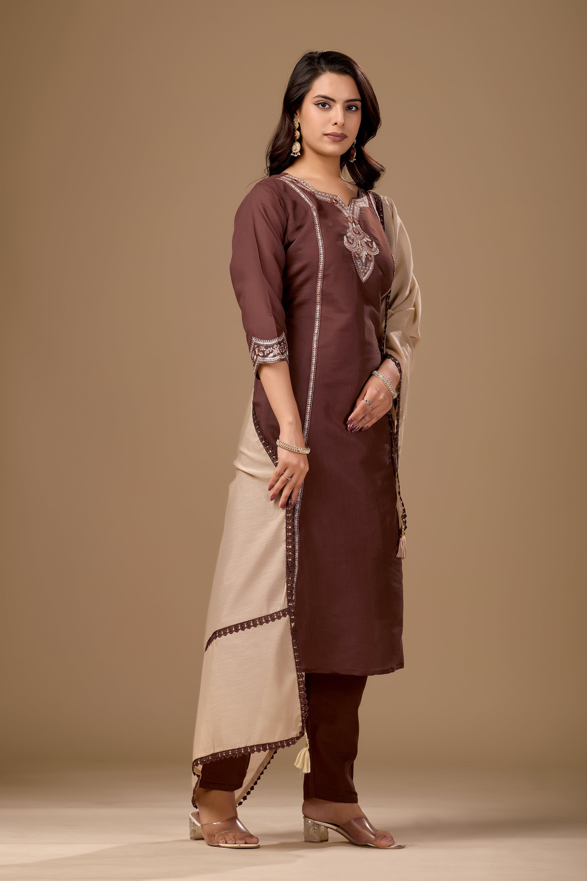 Brown Embroidered Cotton A-Line Kurta Set for Women with Beige Dupatta