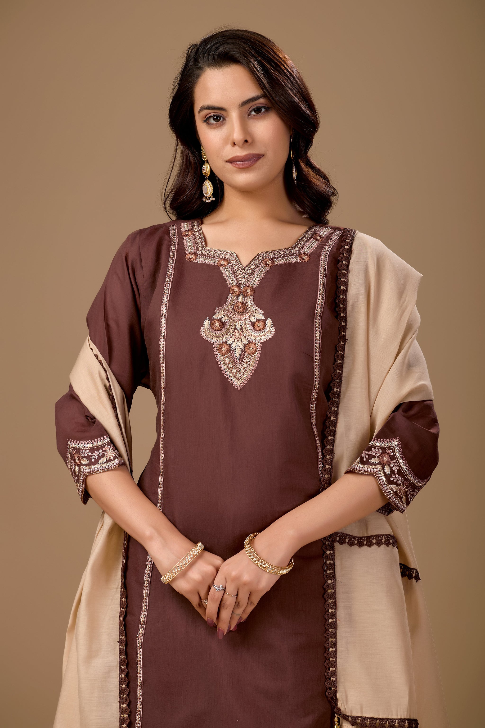 Brown Embroidered Cotton A-Line Kurta Set for Women with Beige Dupatta