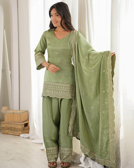 PISTA COLOR ROMAN SILK EMBROIDERED FARSHI SALWAR SUIT