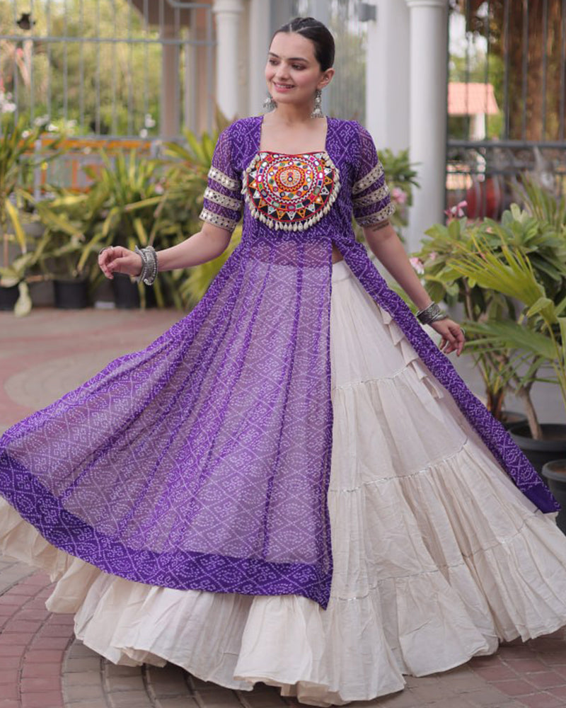 Purple Color Bandhani Printed Kurti With Kora Cotton Lehenga