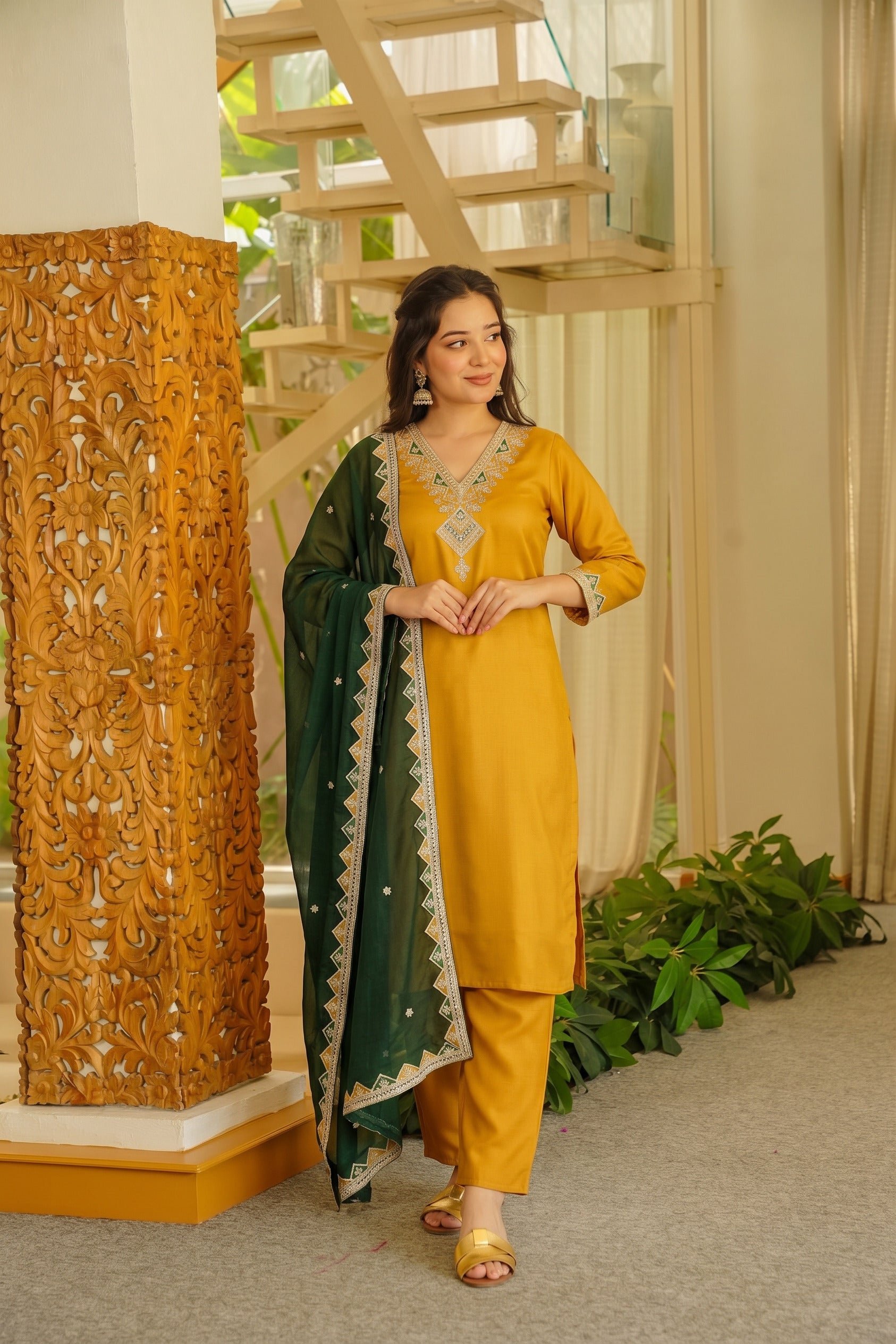 Mustard V-Neck Kurta Set with Bottle Green Embroidered Dupatta