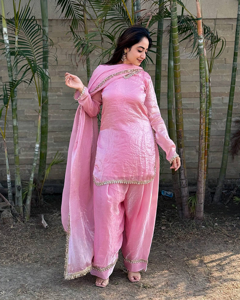 Baby Pink Color Fendi Satin Silk Kurti Suit