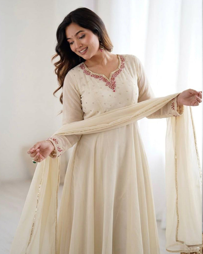 Off White Color Faux Georgette Elegant Gown
