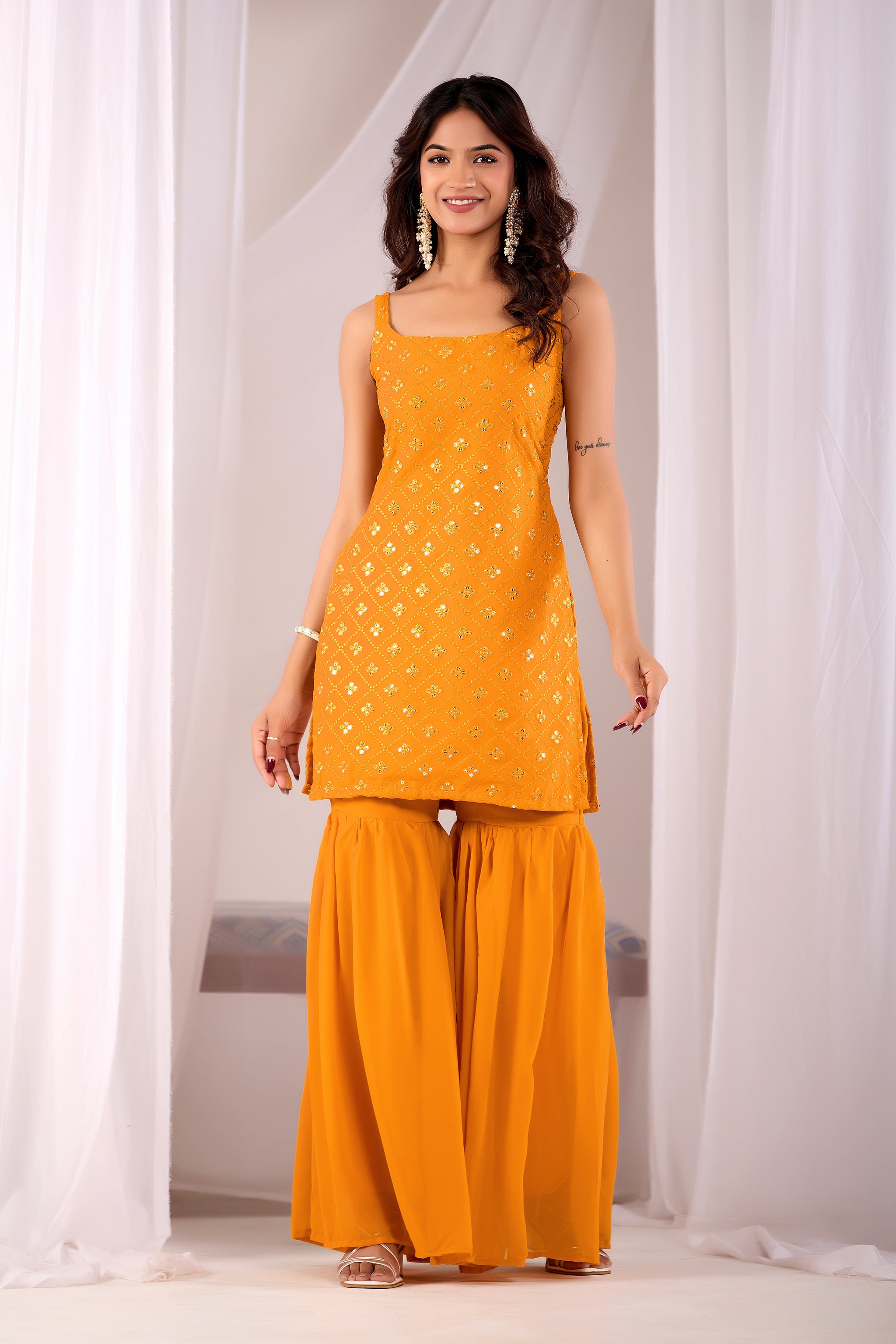 Designer Mustard Yellow Embroidered Kurta Sharara Suit Sets