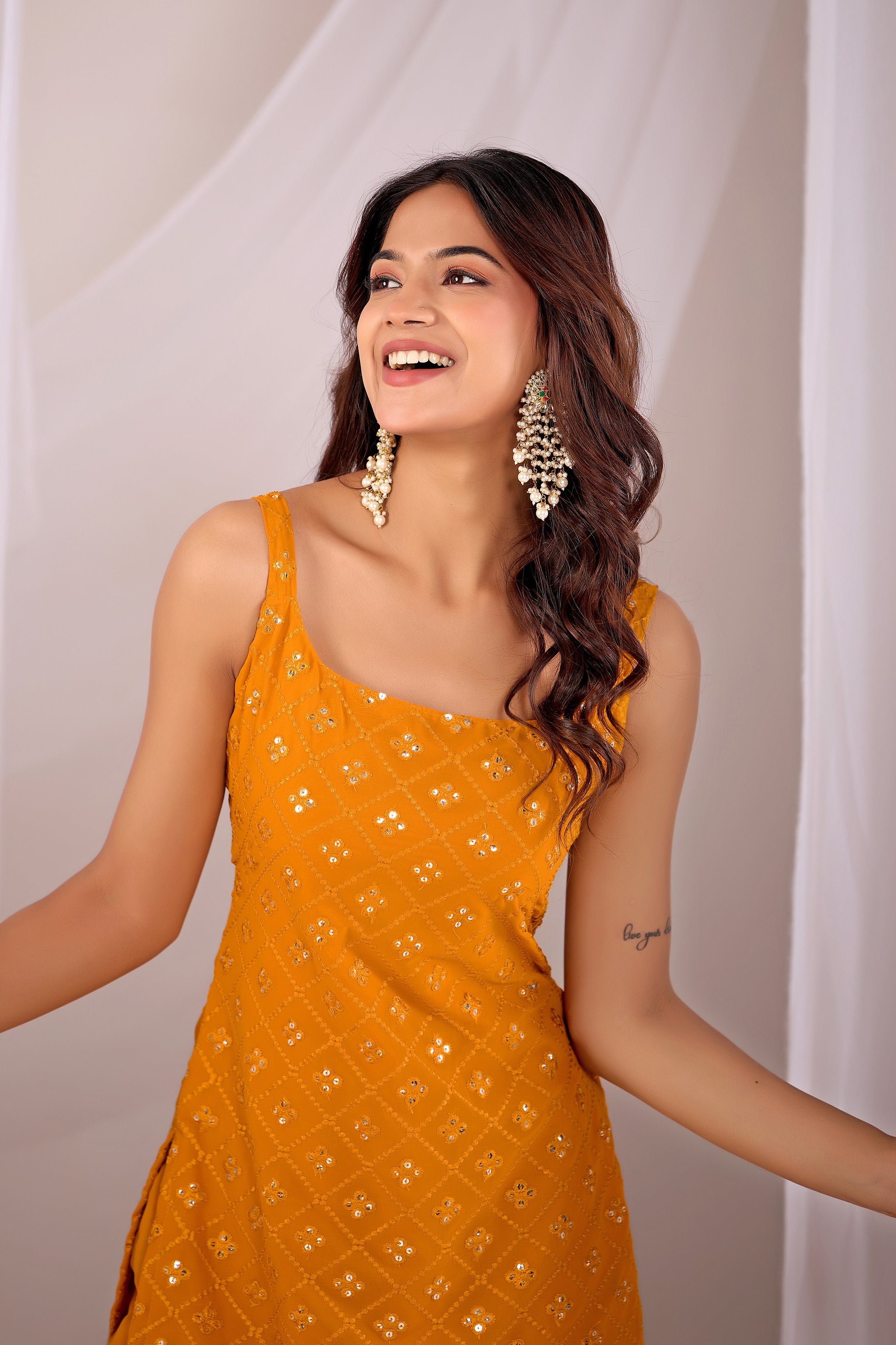 Designer Mustard Yellow Embroidered Kurta Sharara Suit Sets