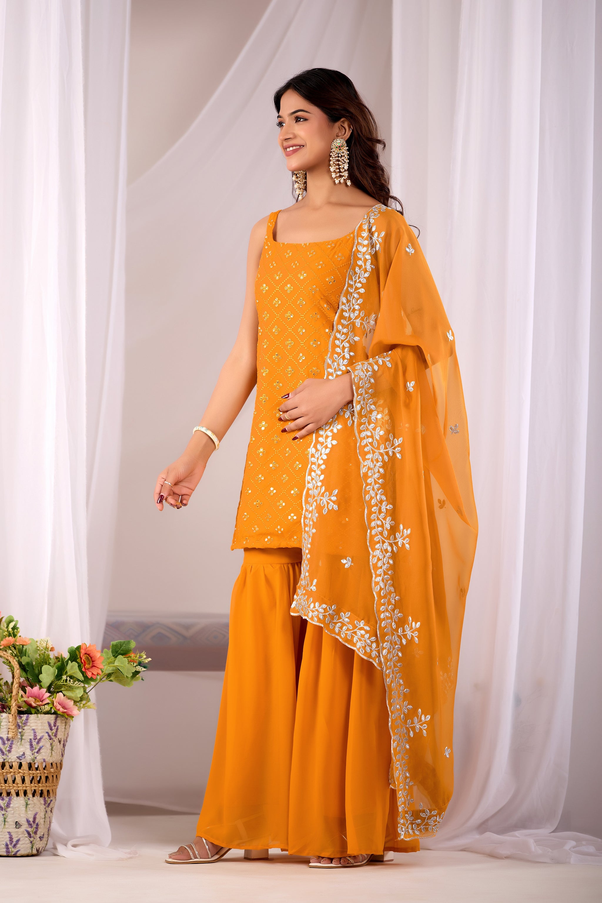 Designer Mustard Yellow Embroidered Kurta Sharara Suit Sets