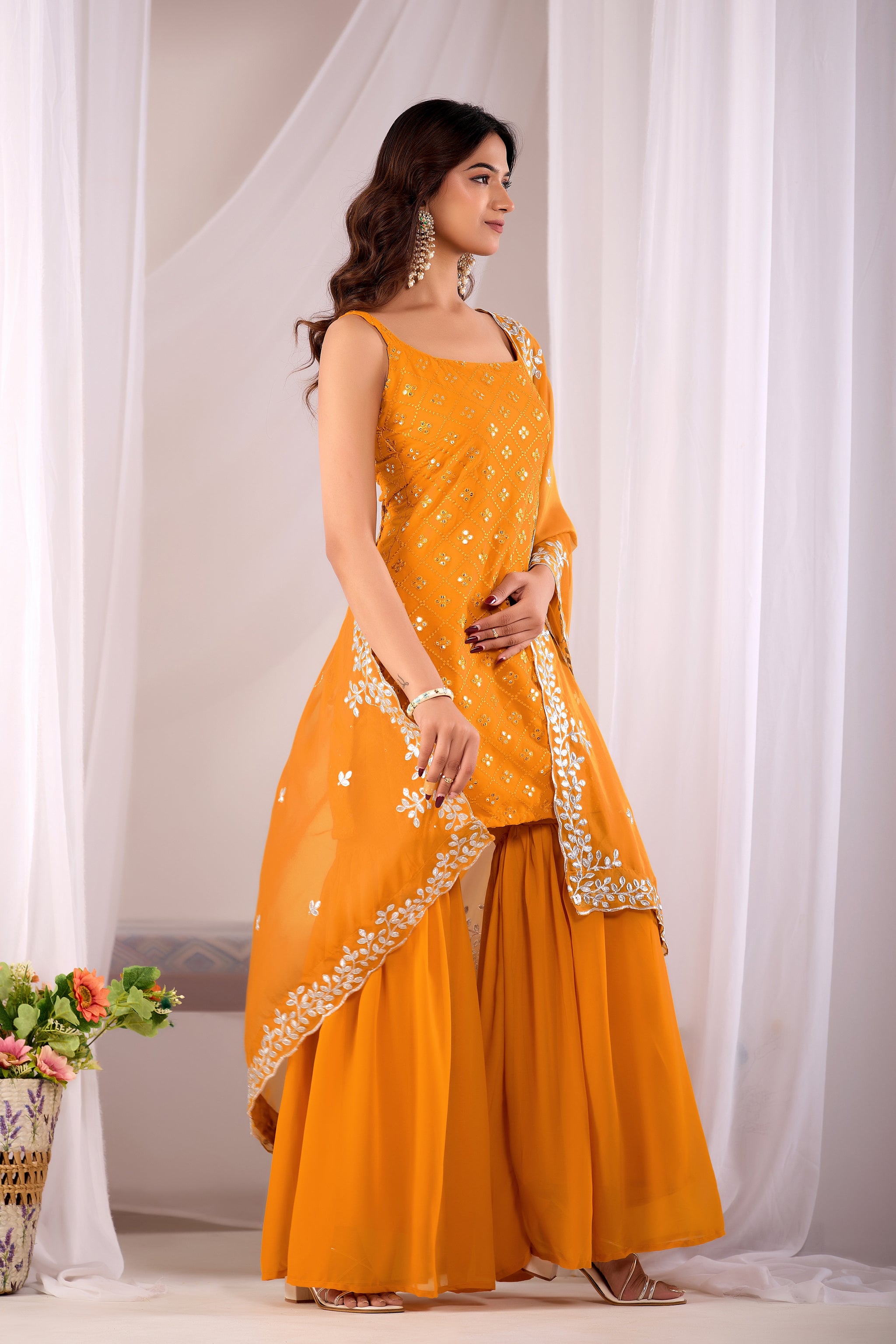 Designer Mustard Yellow Embroidered Kurta Sharara Suit Sets