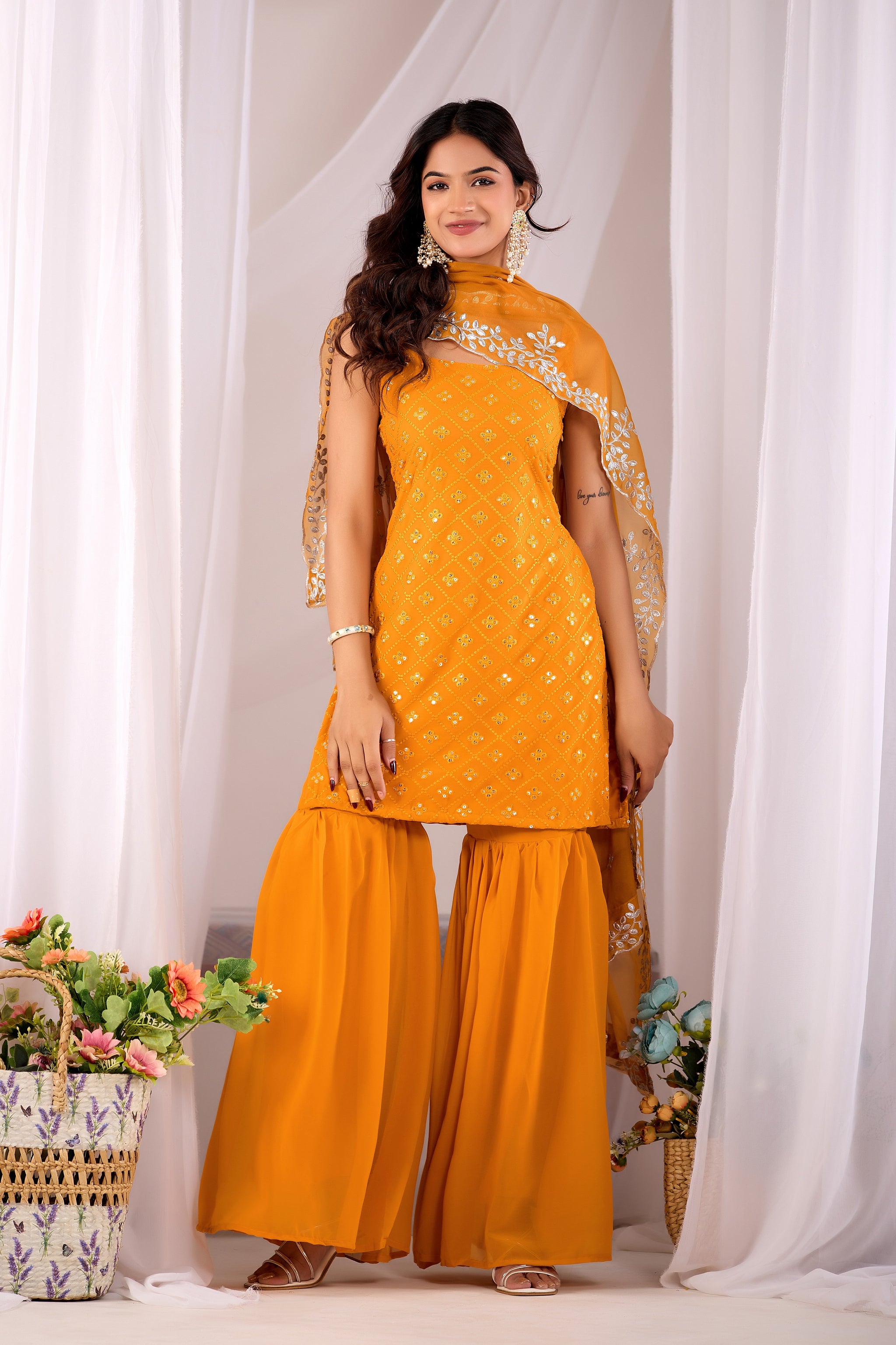 Designer Mustard Yellow Embroidered Kurta Sharara Suit Sets