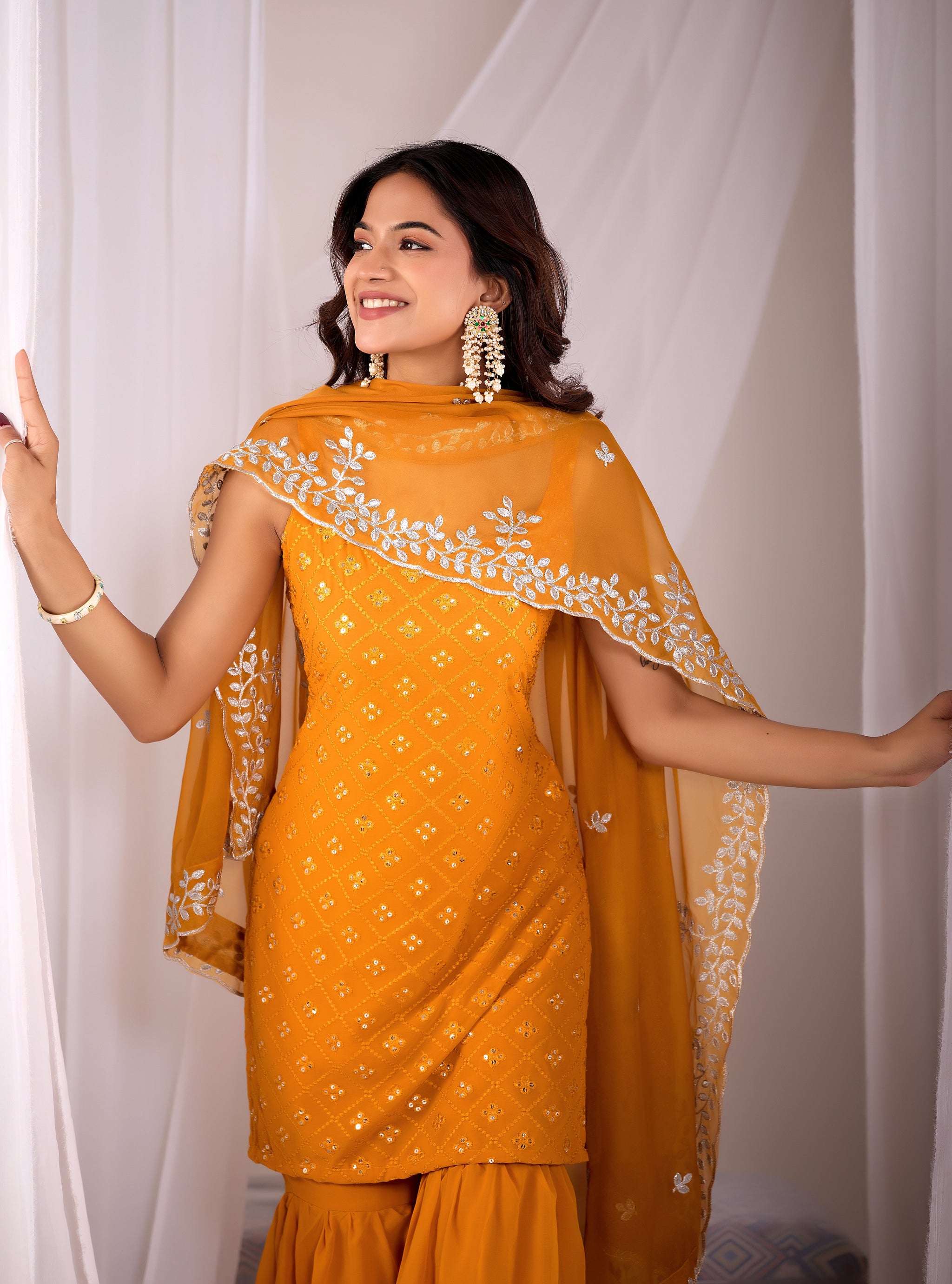 Designer Mustard Yellow Embroidered Kurta Sharara Suit Sets