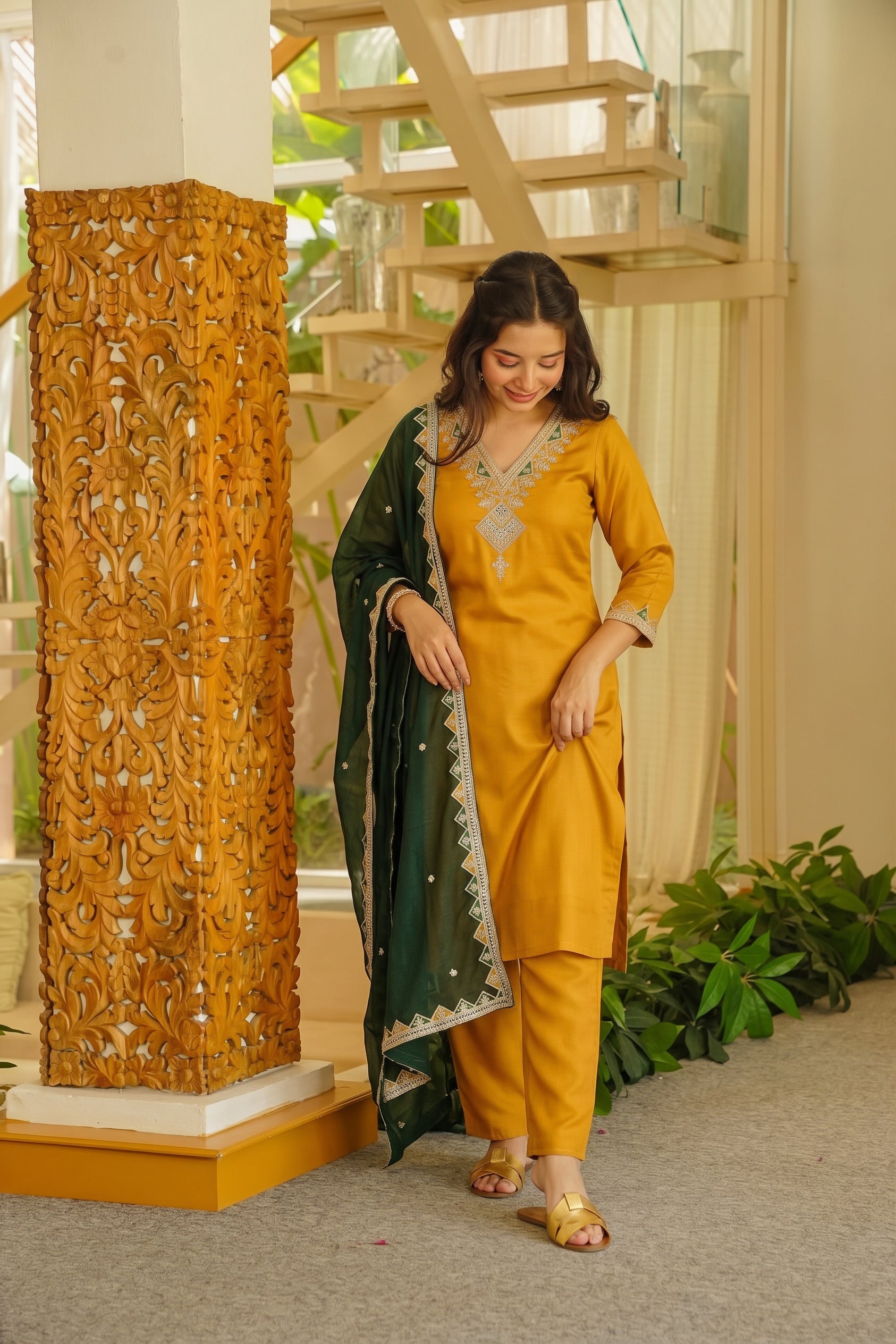 Mustard V-Neck Kurta Set with Bottle Green Embroidered Dupatta