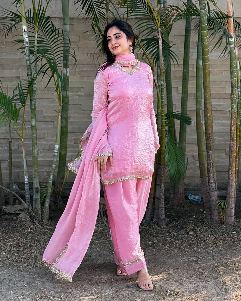 Baby Pink Color Fendi Satin Silk Kurti Suit