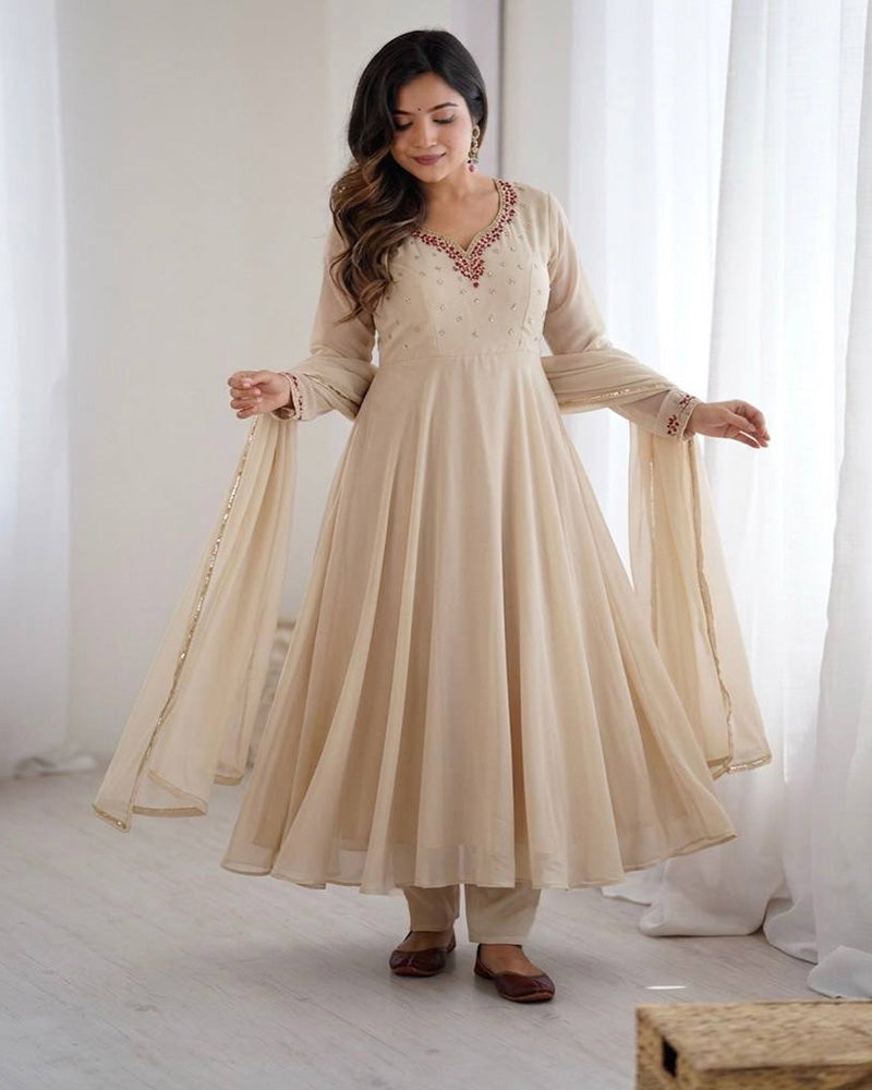Off White Color Faux Georgette Elegant Gown