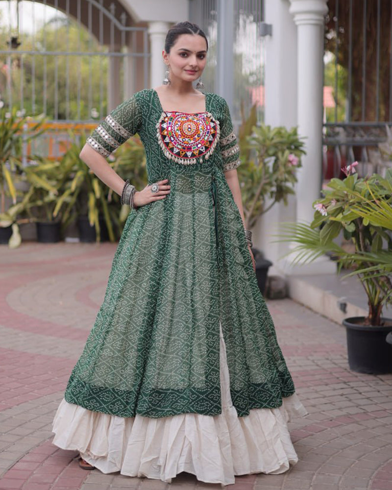 Green Color Bandhani Printed Kurti With Kora Cotton Lehenga