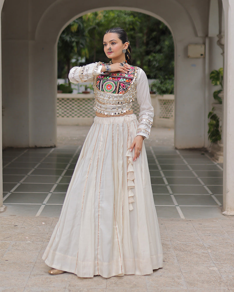 OFF-WHITE COLOR ROMAN SILK NAVRATRI LEHENGA CHOLI