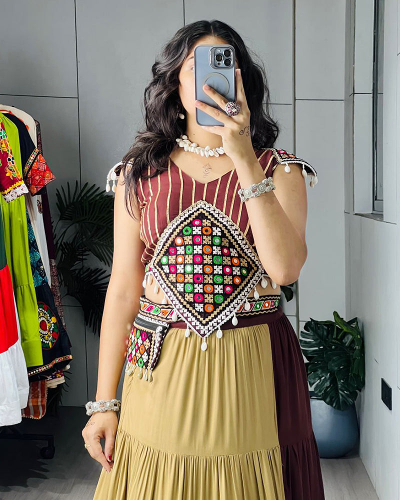 Brown Color Pure Rayon Cotton Navratri Lehenga Choli