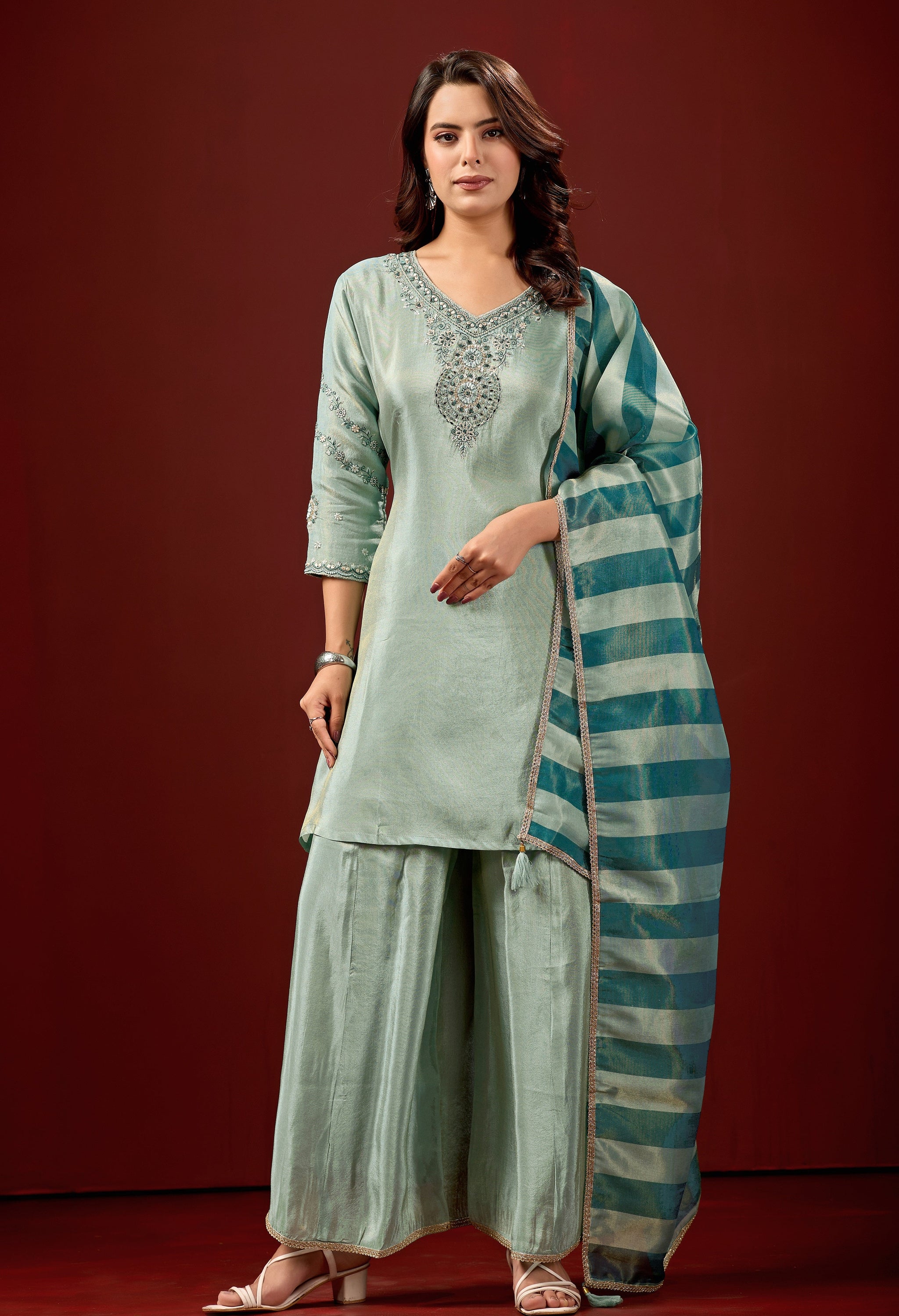 Sky Blue Embroidered Kurta With Palazzos & Dupatta