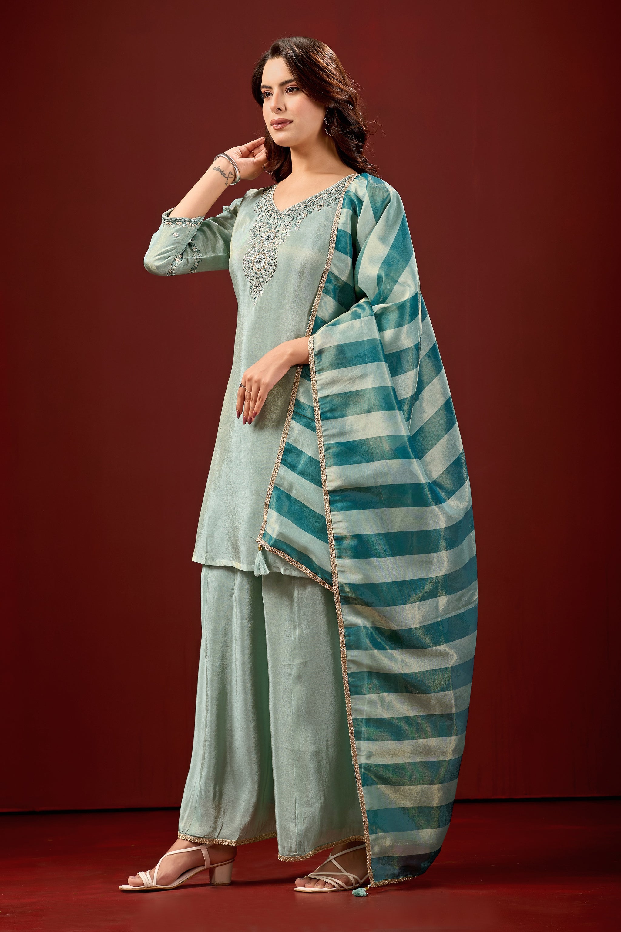 Sky Blue Embroidered Kurta With Palazzos & Dupatta