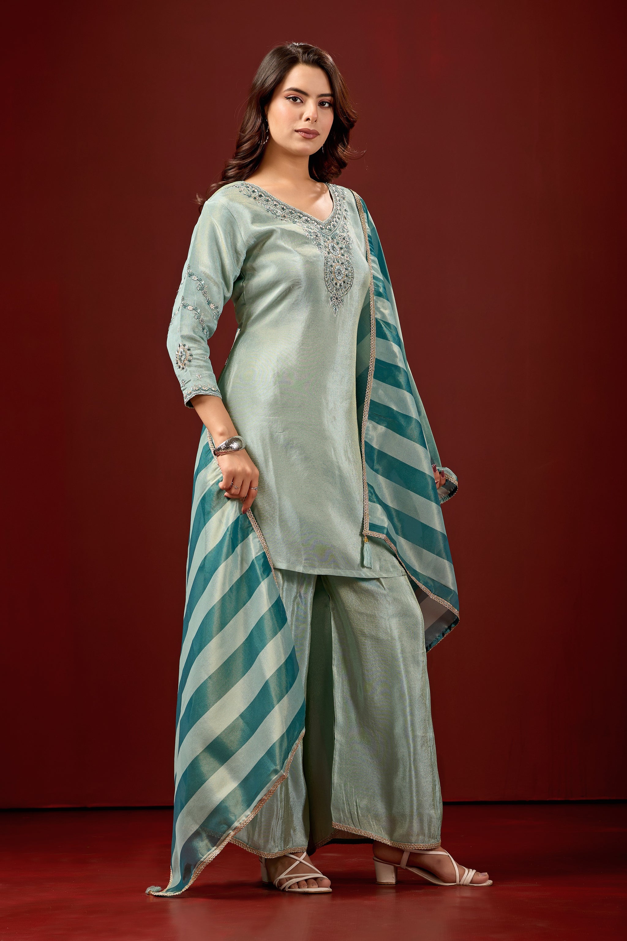 Sky Blue Embroidered Kurta With Palazzos & Dupatta