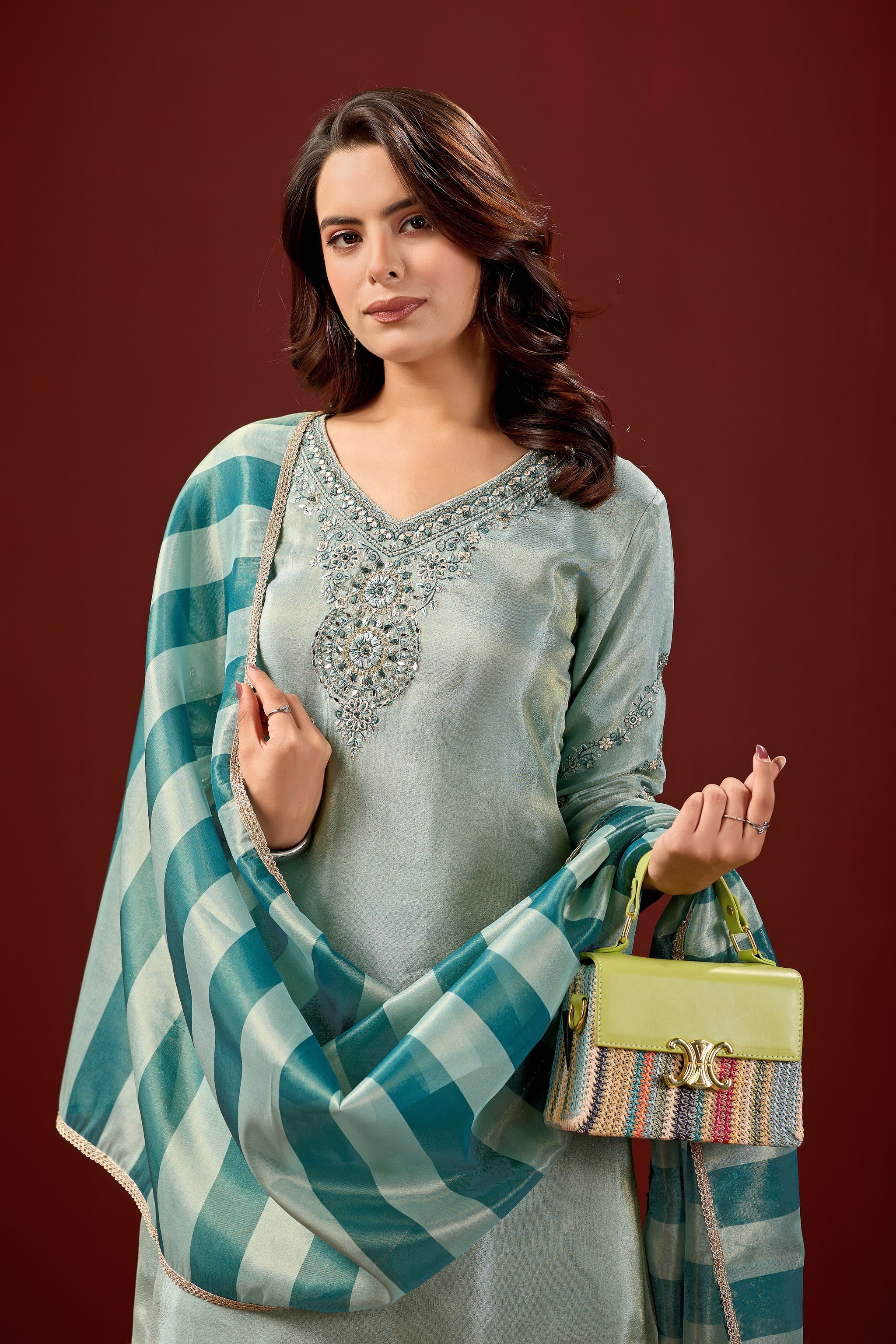 Sky Blue Embroidered Kurta With Palazzos & Dupatta