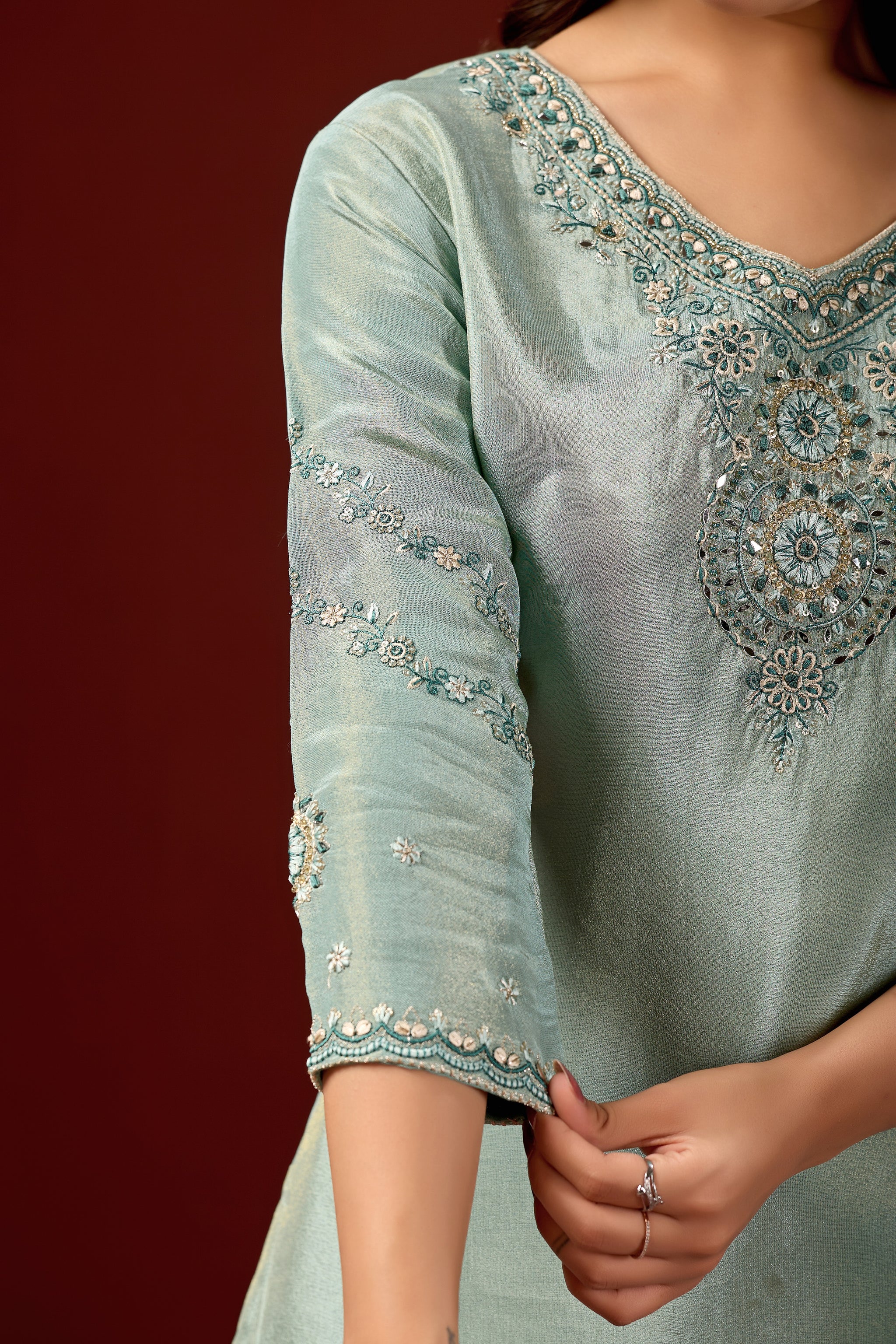 Sky Blue Embroidered Kurta With Palazzos & Dupatta