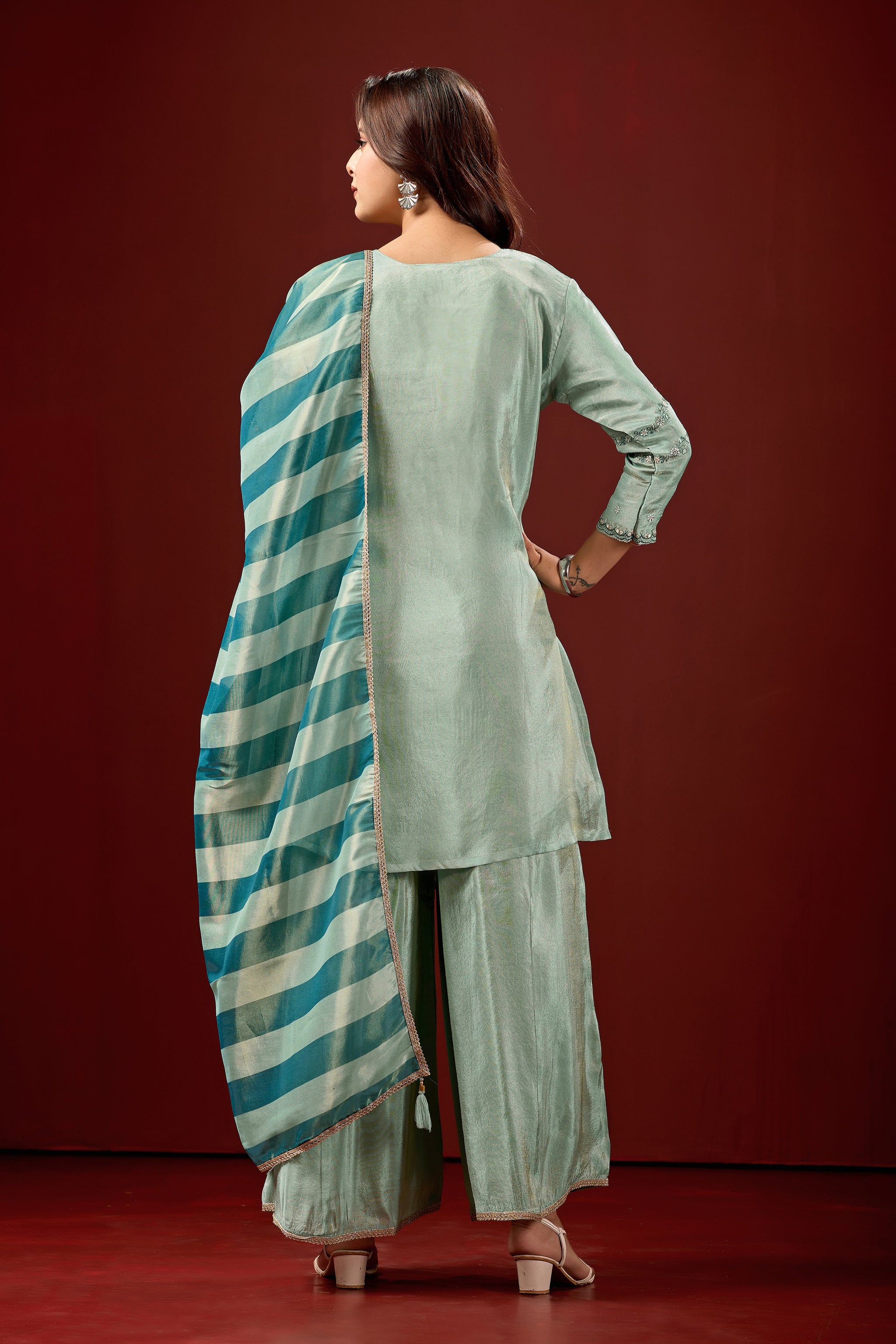 Sky Blue Embroidered Kurta With Palazzos & Dupatta