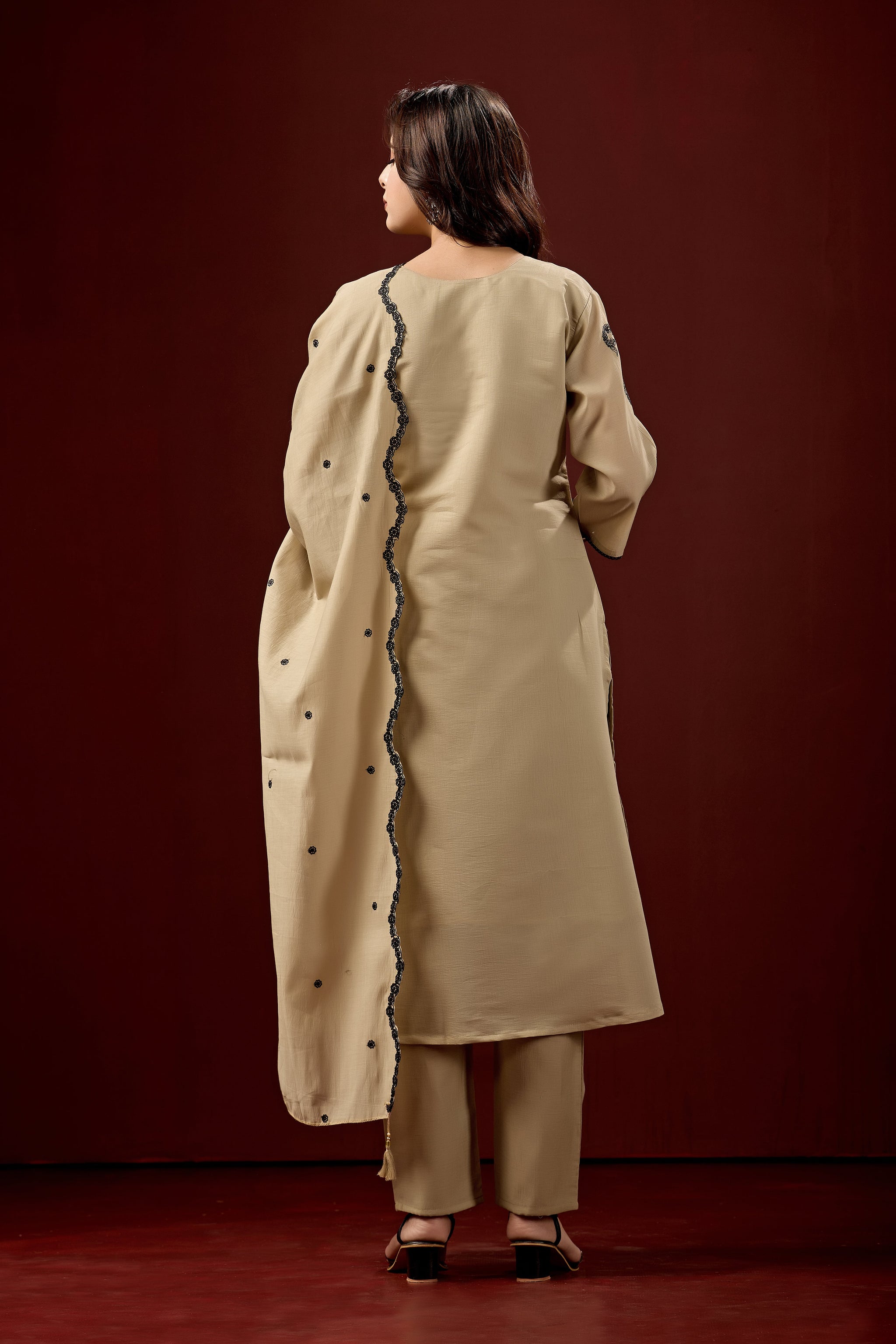 Beige Embroidered Cotton A-Line Kurta Set for Women with Matching Dupatta