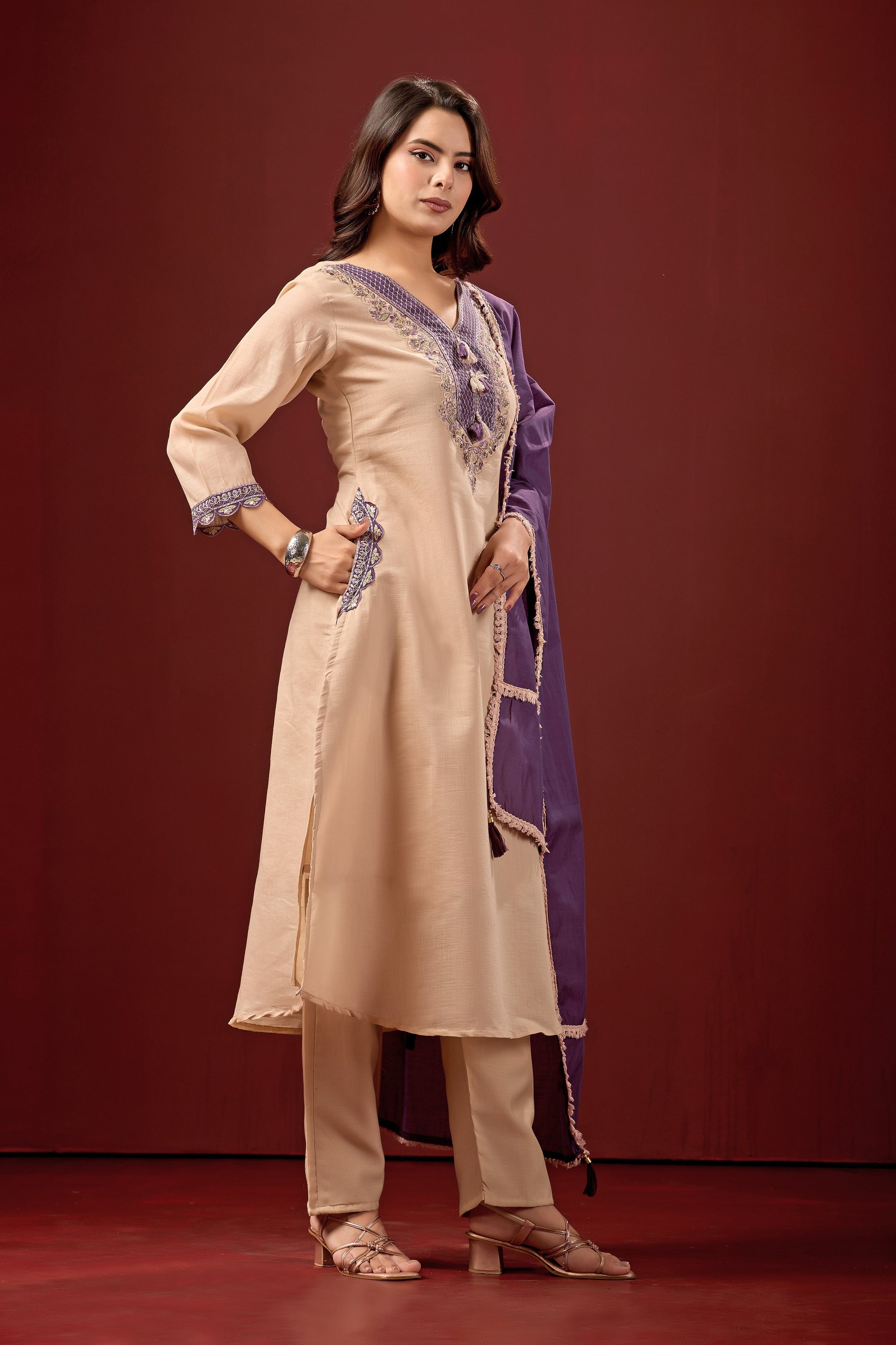 Cream Embroidered Cotton A-Line Suit Set with Purple Dupatta
