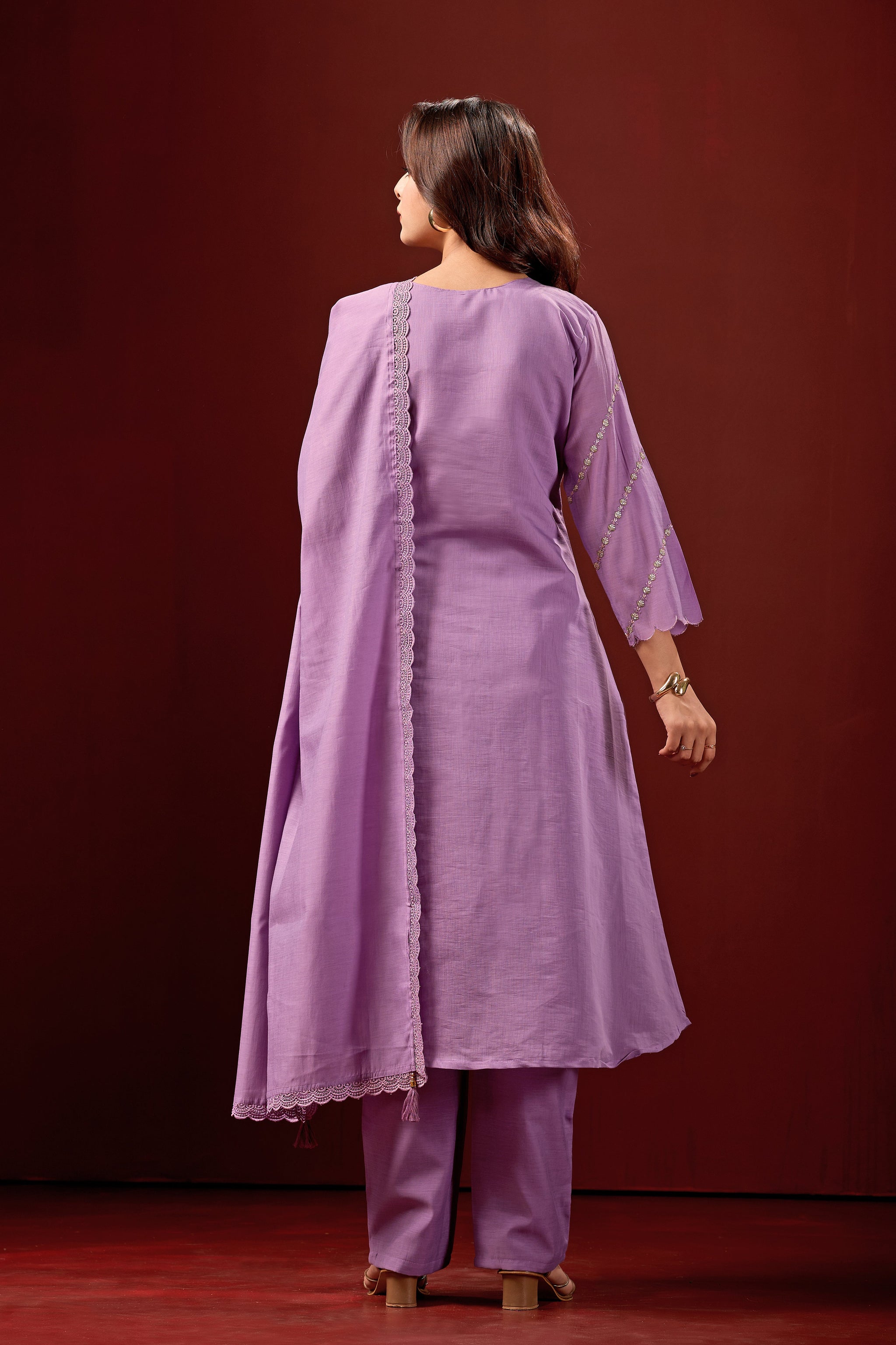 Violet Embroidered Cotton A-Line Kurta Suit Set with Dupatta