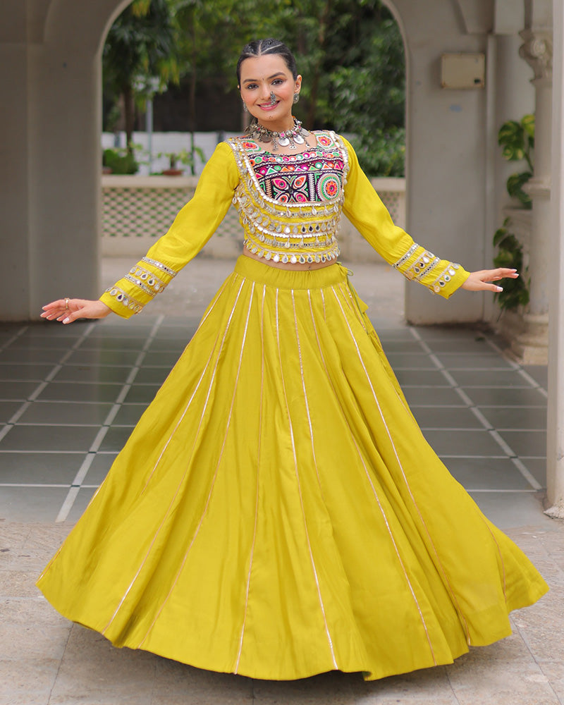 PARROT GREEN COLOR ROMAN SILK NAVRATRI LEHENGA CHOLI