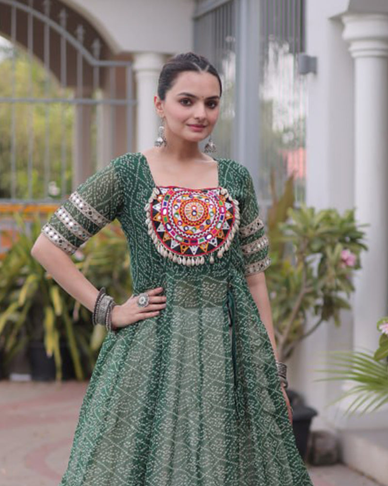 Green Color Bandhani Printed Kurti With Kora Cotton Lehenga