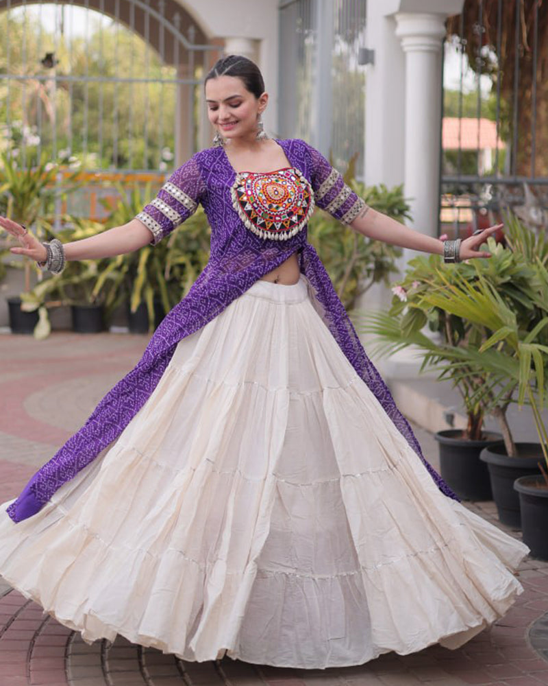 Purple Color Bandhani Printed Kurti With Kora Cotton Lehenga