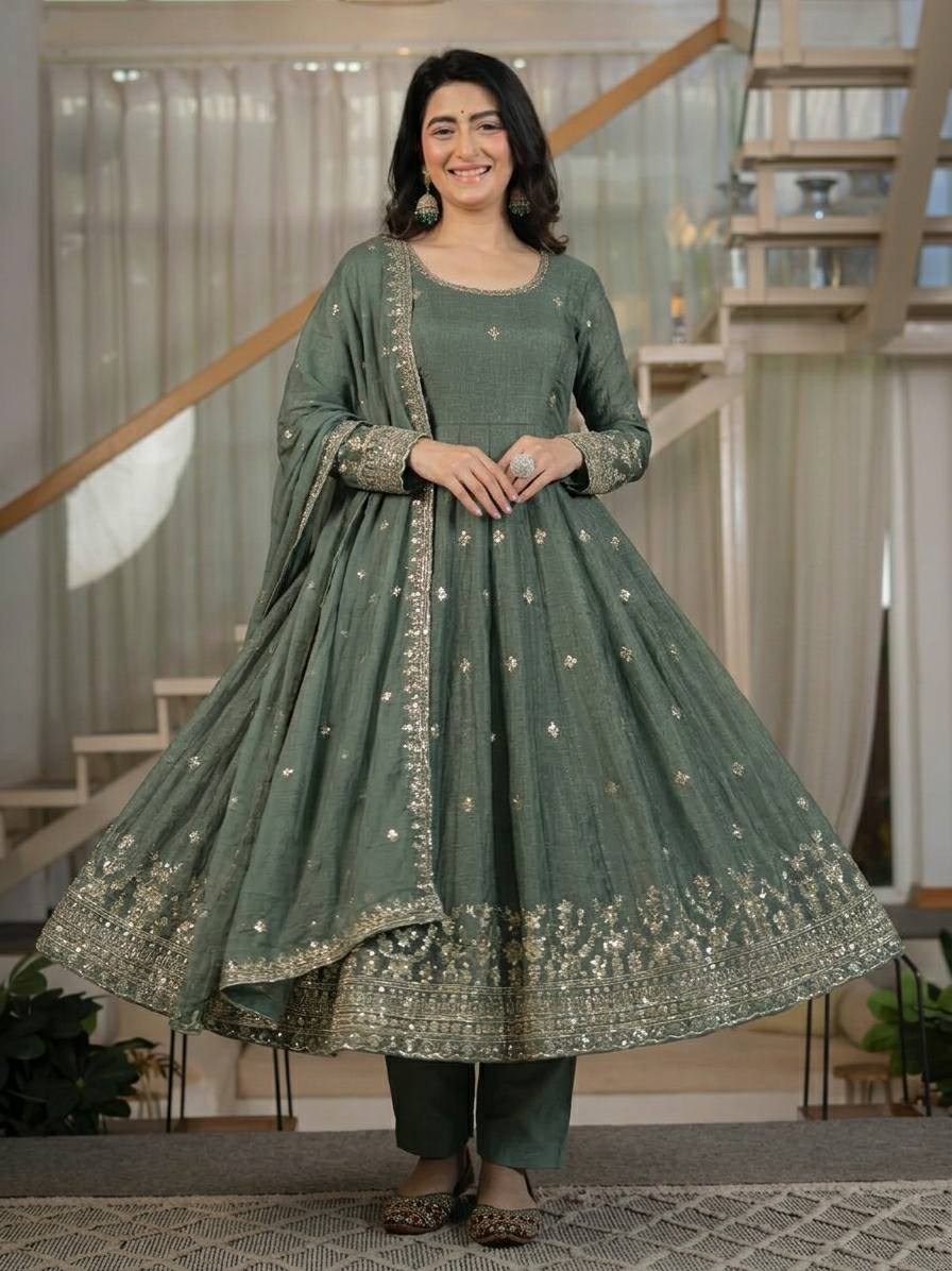 Sage Green Embroidered Anarkali Suit with Dupatta - Product Photo