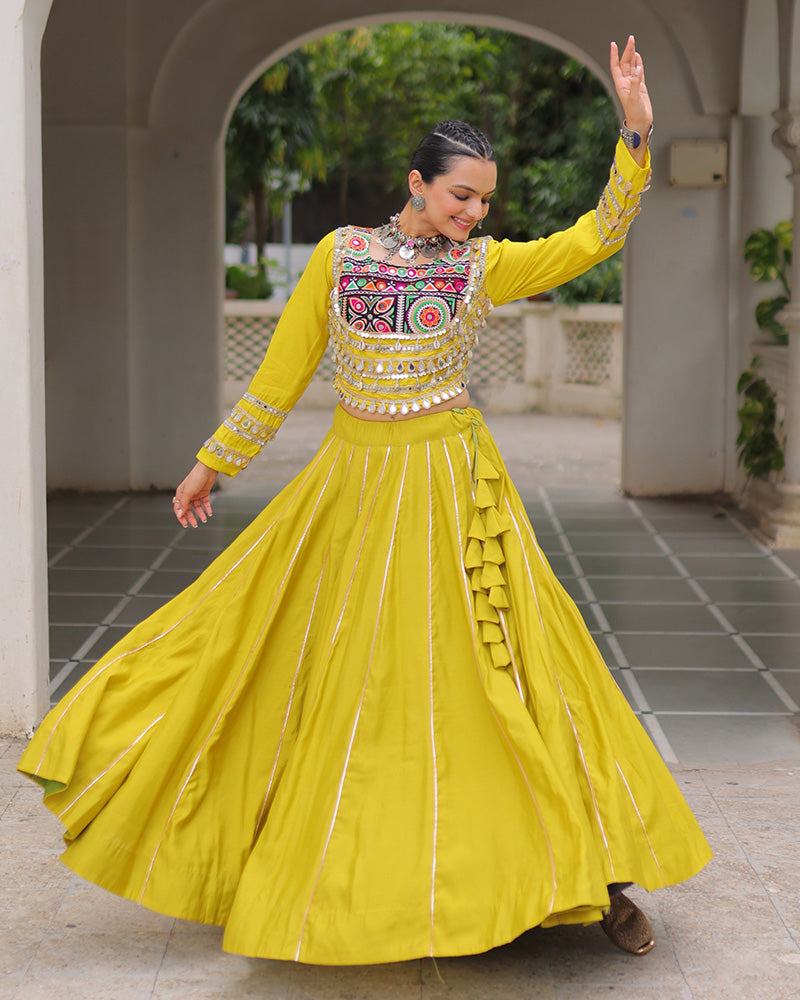 PARROT GREEN COLOR ROMAN SILK NAVRATRI LEHENGA CHOLI