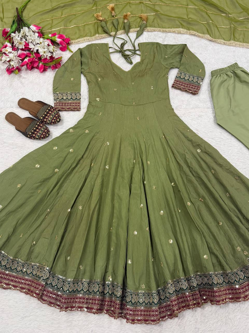 Olive Green Embroidered Anarkali Suit with Dupatta - Product Photo
