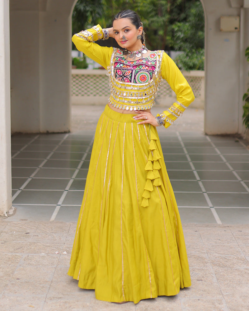 PARROT GREEN COLOR ROMAN SILK NAVRATRI LEHENGA CHOLI