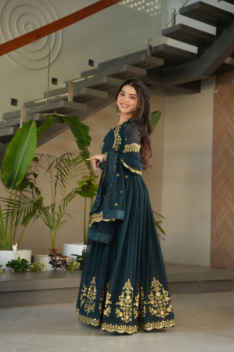 Heavy Designer Gown in Bottle Green Georgette With Sequence Embroidery Work